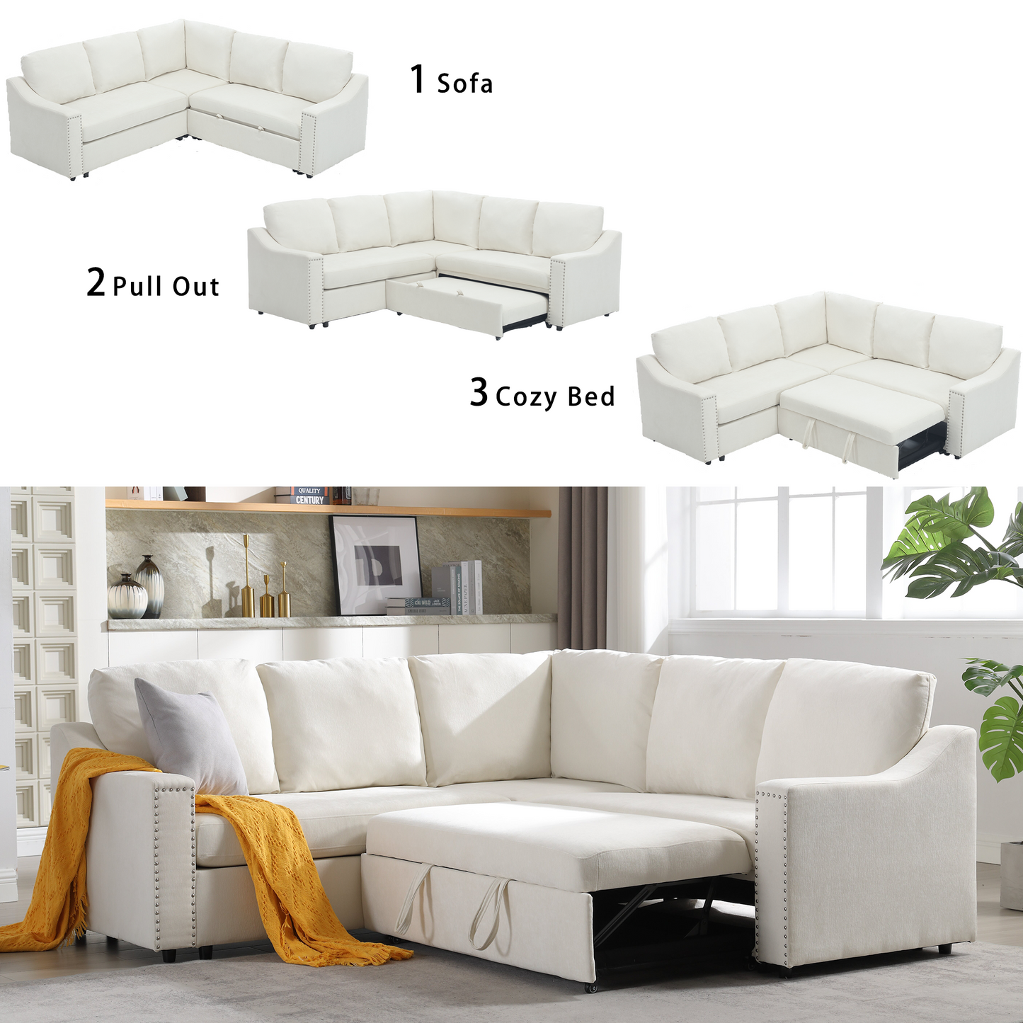 Melysen L-shaped sofa with pull-out sofa bed, Corner Sofa,comfortable living room furniture set, sleeper sofa bed,Corner seat for two with broaching sofa,Rivet DeChenille