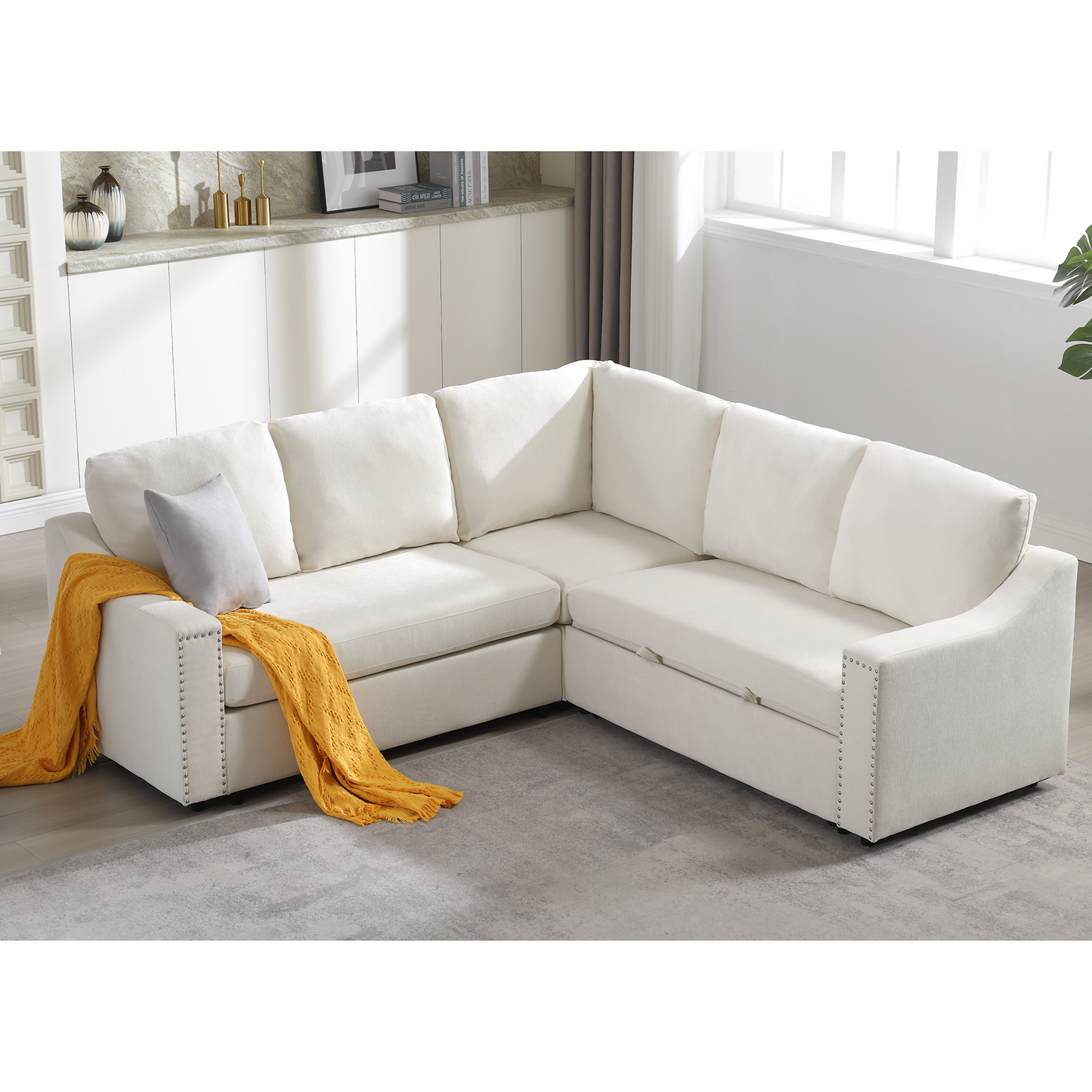 Melysen L-shaped sofa with pull-out sofa bed, Corner Sofa,comfortable living room furniture set, sleeper sofa bed,Corner seat for two with broaching sofa,Rivet DeChenille