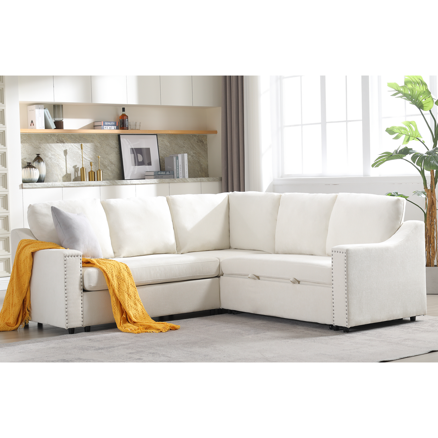 Melysen L-shaped sofa with pull-out sofa bed, Corner Sofa,comfortable living room furniture set, sleeper sofa bed,Corner seat for two with broaching sofa,Rivet DeChenille