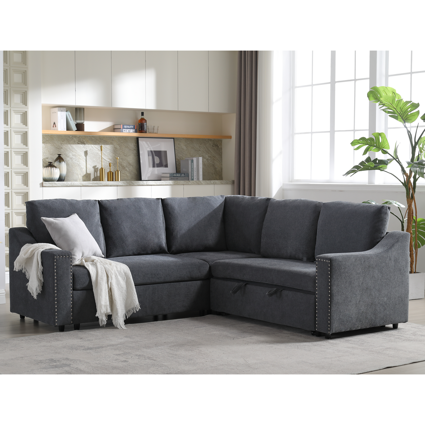 Melysen L-shaped sofa with pull-out sofa bed, Corner Sofa,comfortable living room furniture set, sleeper sofa bed,Corner seat for two with broaching sofa,Rivet DeChenille