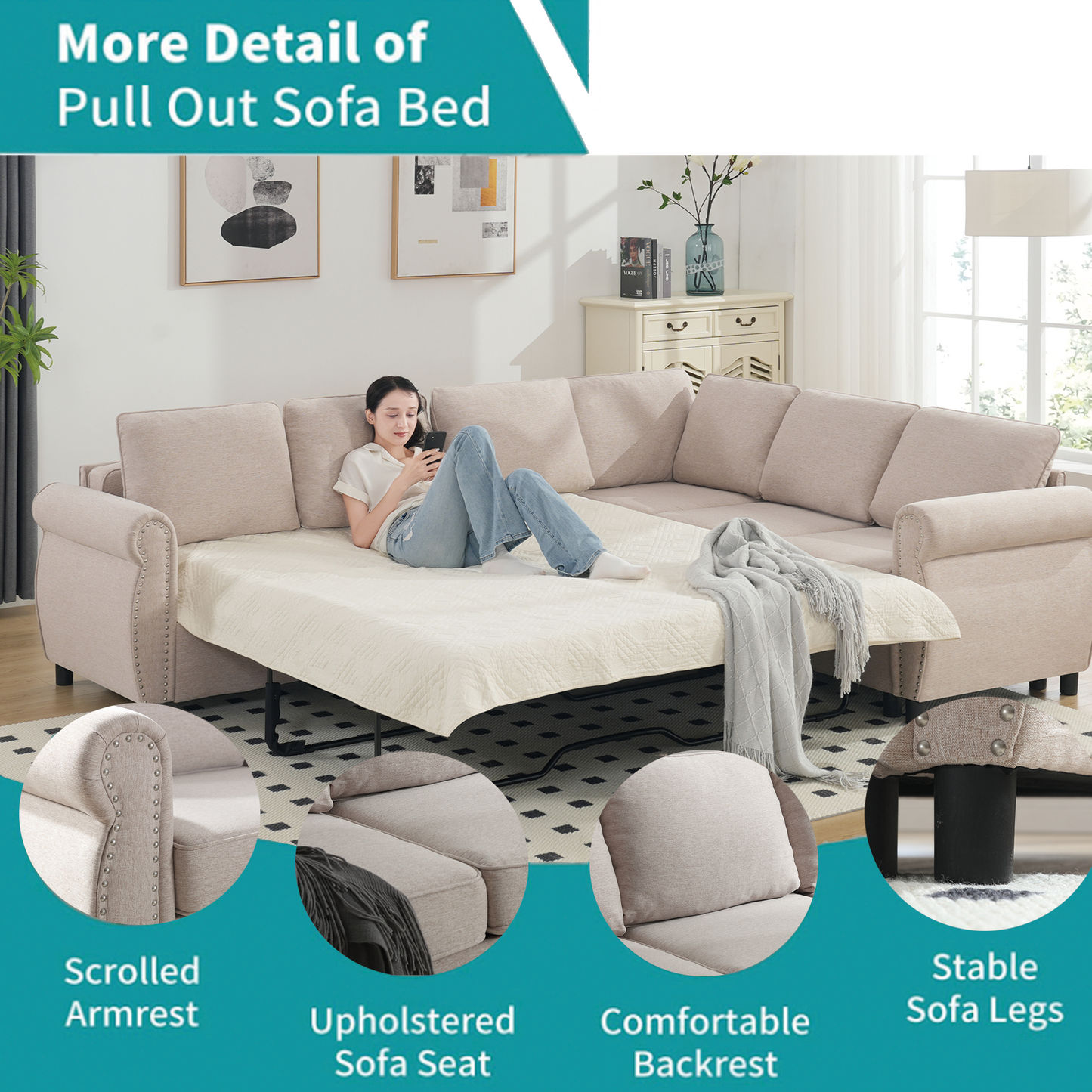 Melysen Sleeper Sofa,2 in 1 Pull Out Couch Bed,6 seater sofa bed,L Shaped Sleeper Sectional Sofa Couch,Riveted sofa,104" Large combined sofa Bed in living room