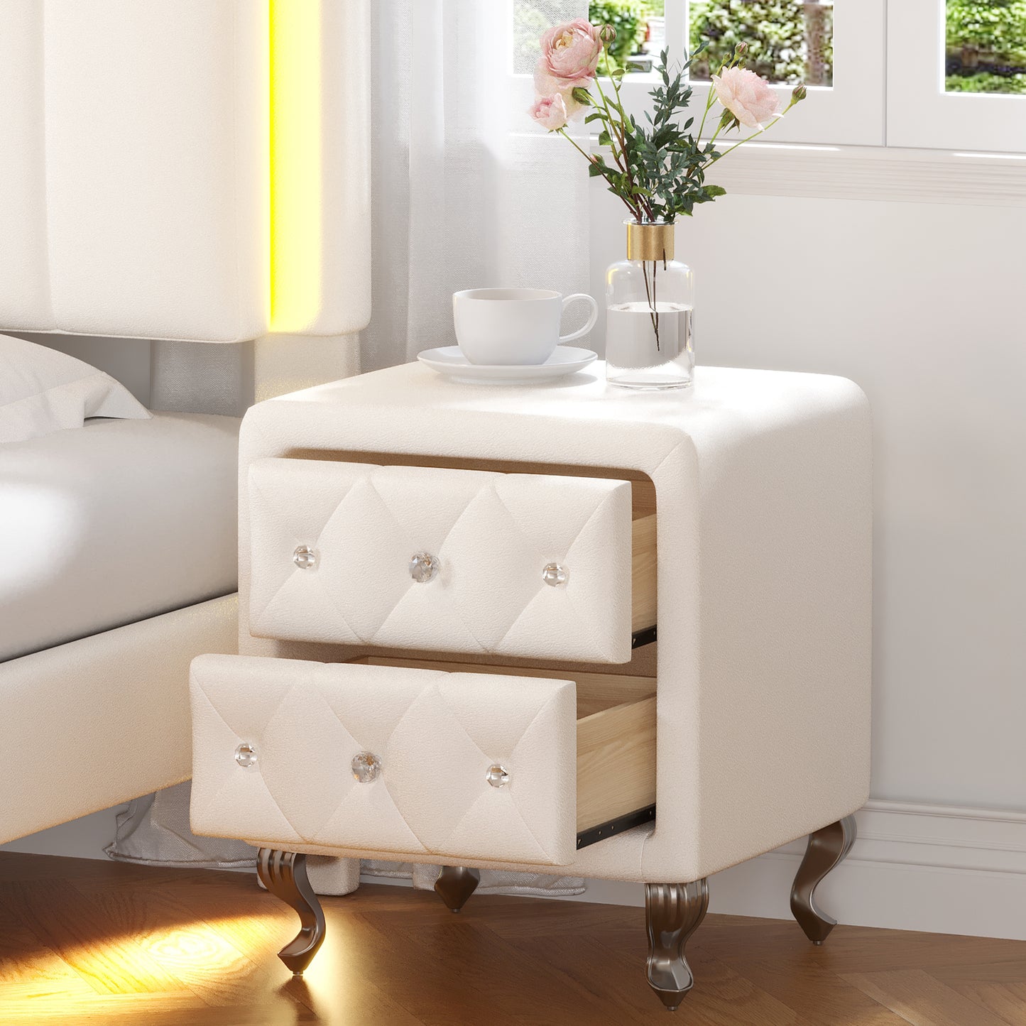 Melysen Elegant PU Nightstand with 2 Drawers and Crystal Handle,Fully Assembled Except Legs&Handles,Storage Bedside Table with Metal Legs,White