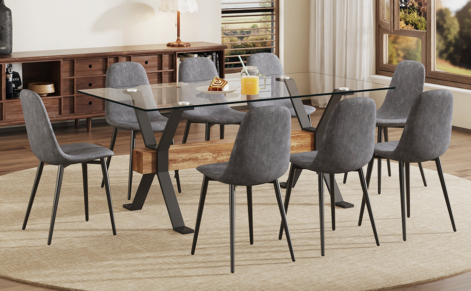 Melysen Dining Table. Modern Tempered Glass Dining Table. Large Modern office Desk with Black Metal Legs and Mdf Crossbars, Suitable For Home and office Use. 8 High-End Cushioned Seats