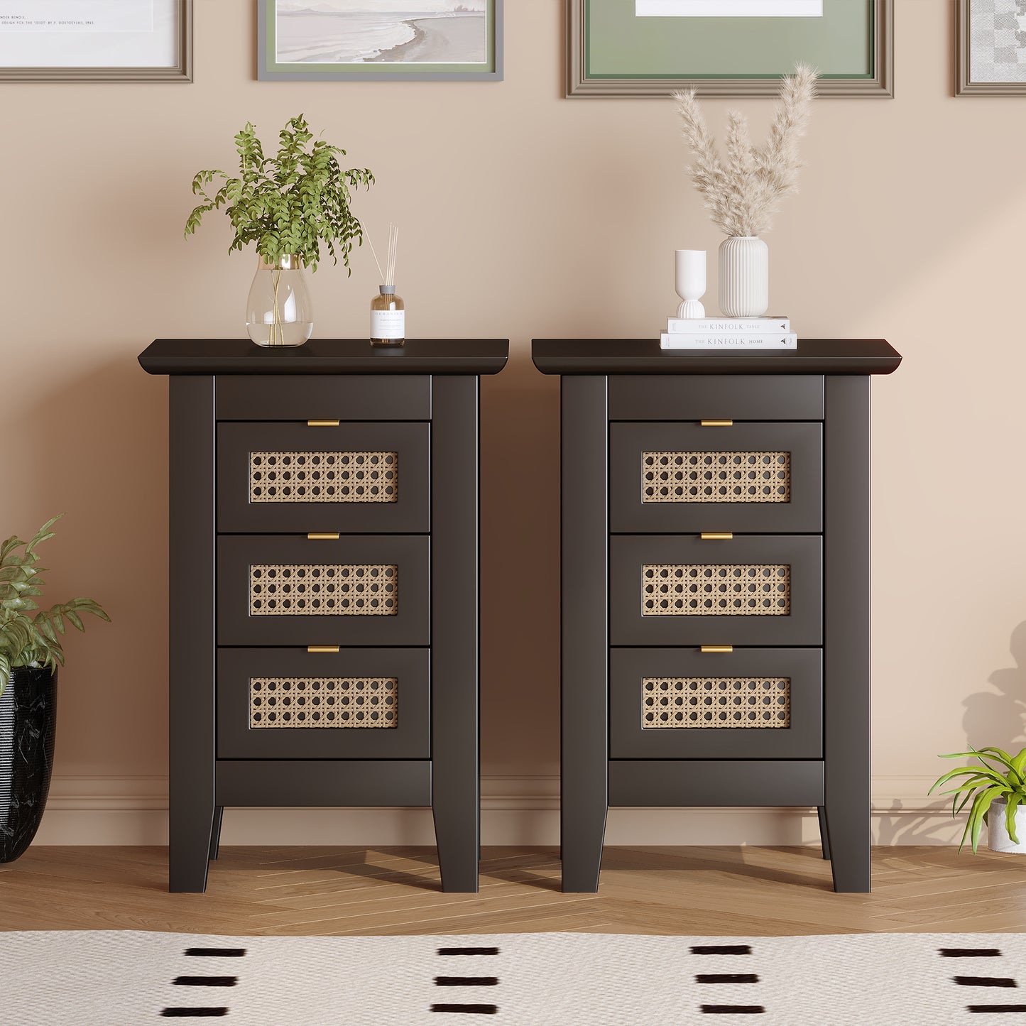 Melysen Wooden Nightstands Set of 2 with Rattan-Woven Surfaces and Three Drawers, Exquisite Elegance with Natural Storage Solutions for Bedroom