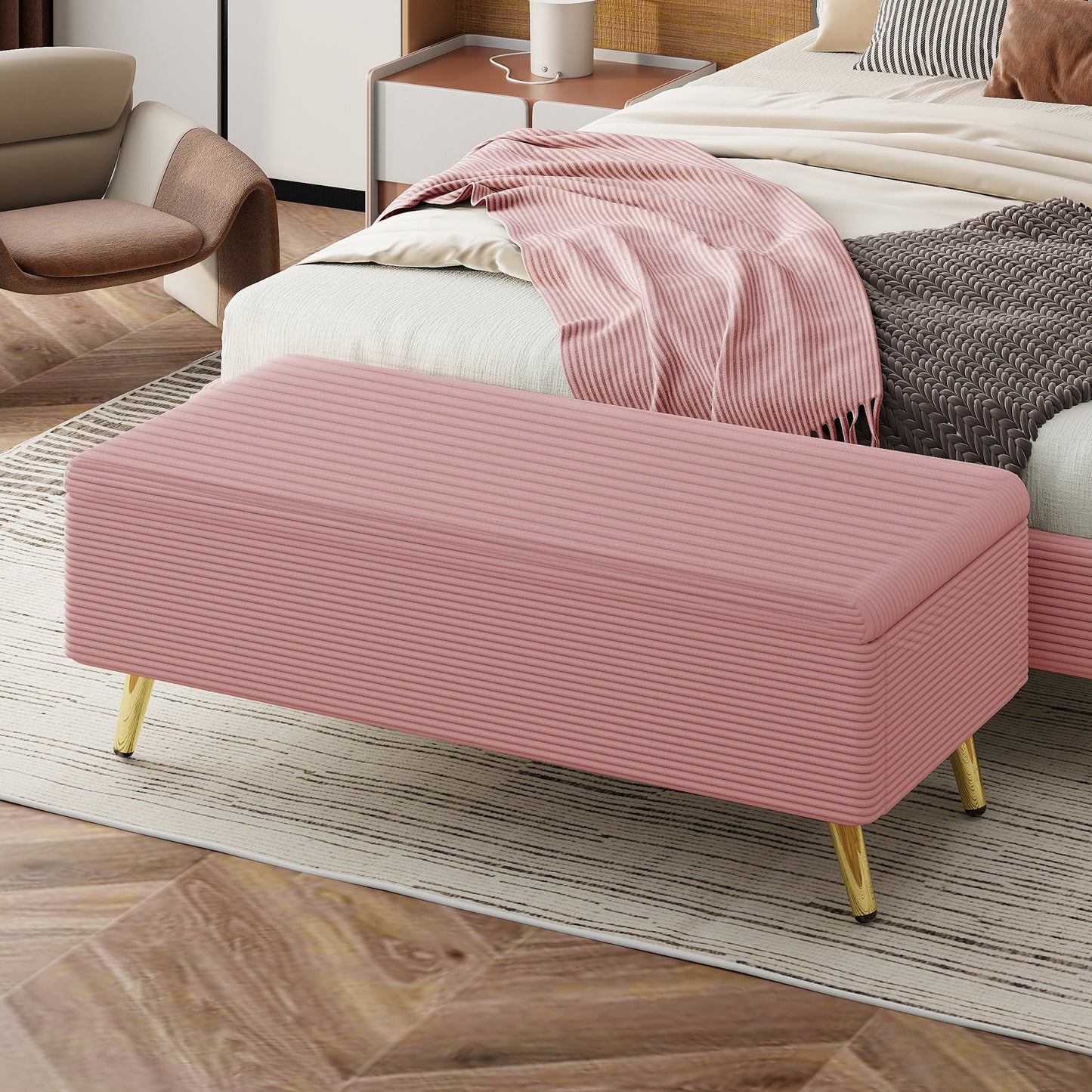 Melysen Modern Corduroy Upholstered Ottoman with Metal Legs, Storage Bench for Bedroom,Living Room