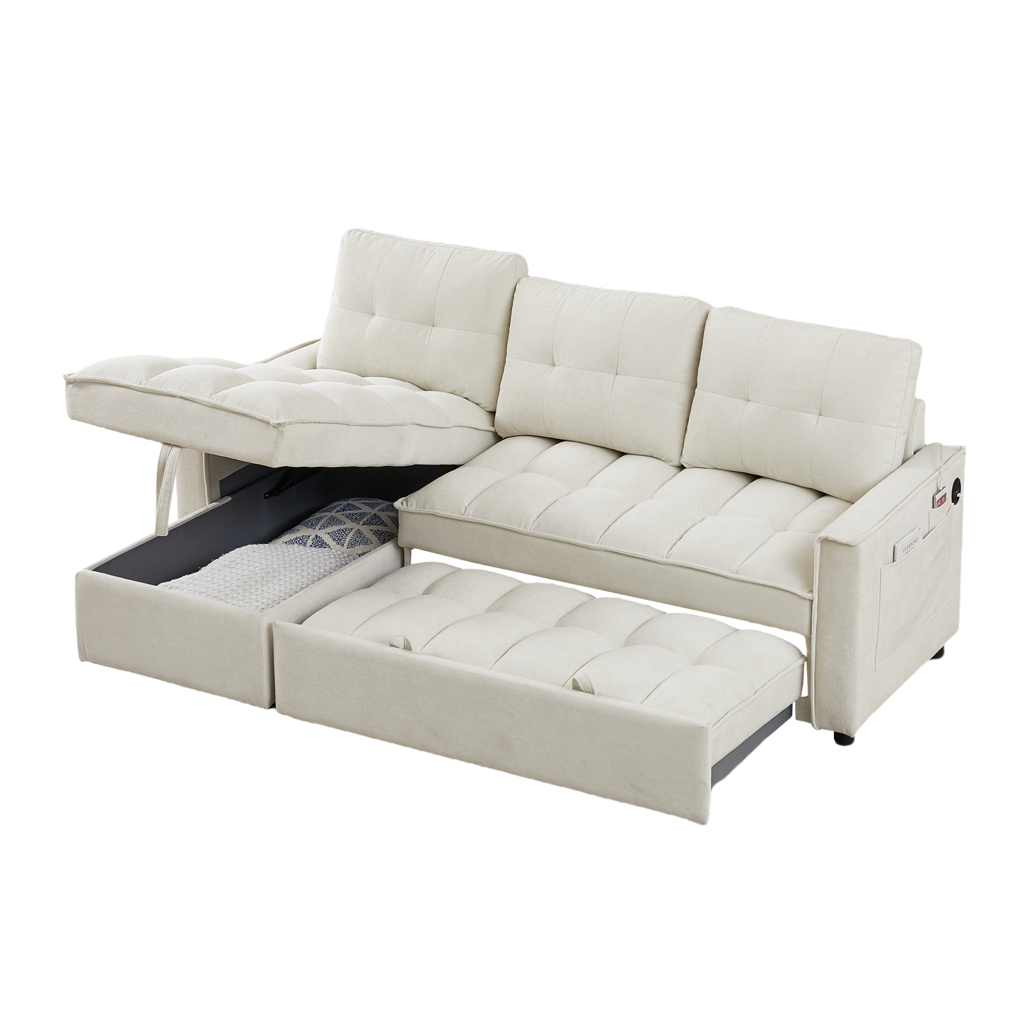 Melysen 78.75" Reclining Sofa, Pull-Out Sofa Bed with USB and tape-c charging ports, L-Shaped Sectional Sofa with Reclining Storage and Arm Side Organizer Pocket Features, Living Room Comfort Sofain