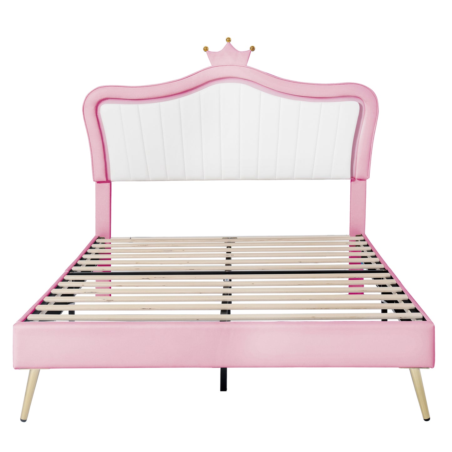 Melysen Queen Size Upholstered Bed Frame with LED Lights,Modern Upholstered Princess Bed With Crown Headboard