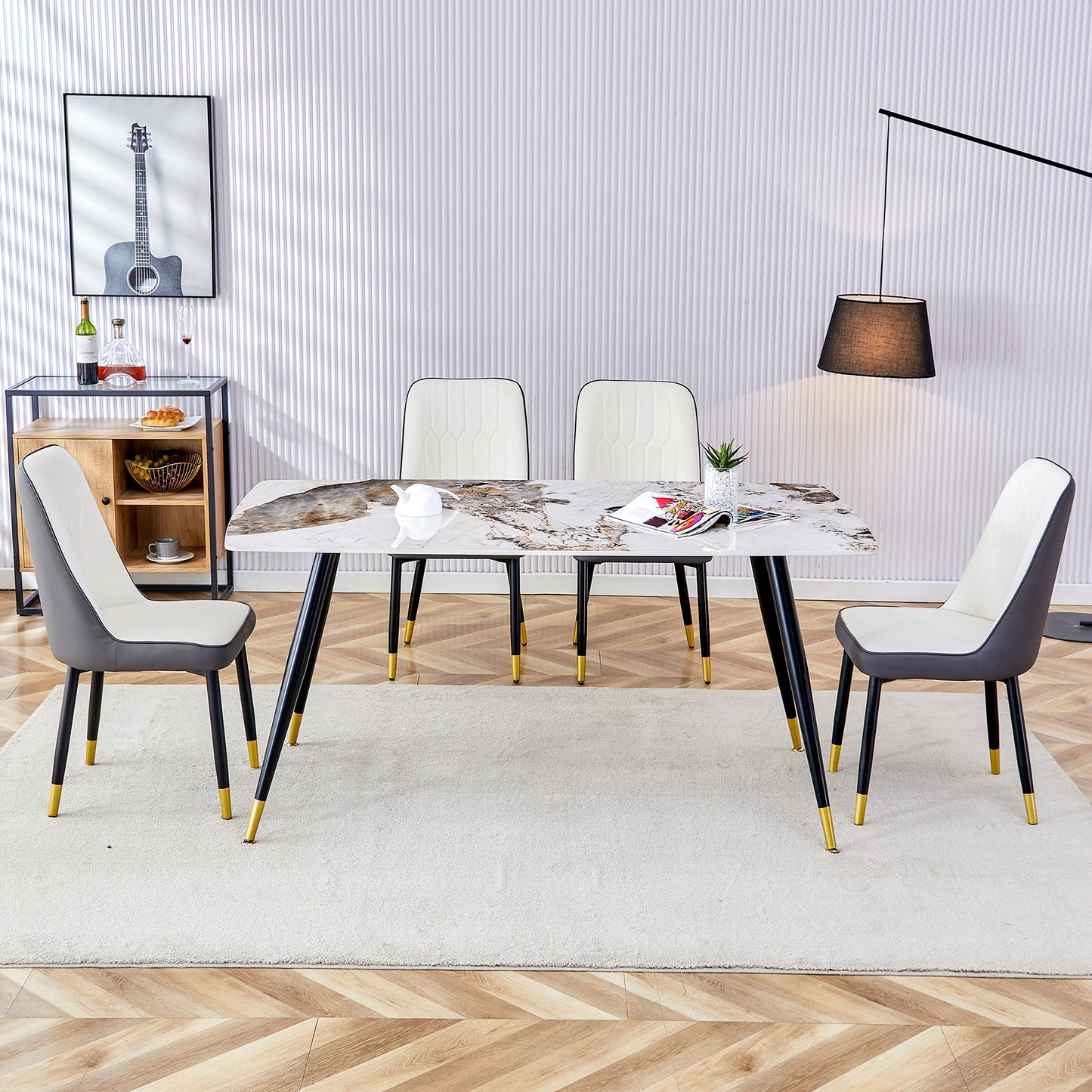 Melysen Modern Minimalist Dining Table. Imitation Marble Patterned Stone Burning Tabletop with Black Metal Legs.Modern Dining Chair with Pu Artificial Leather Backrest Cushion and Black Metal Legs.009