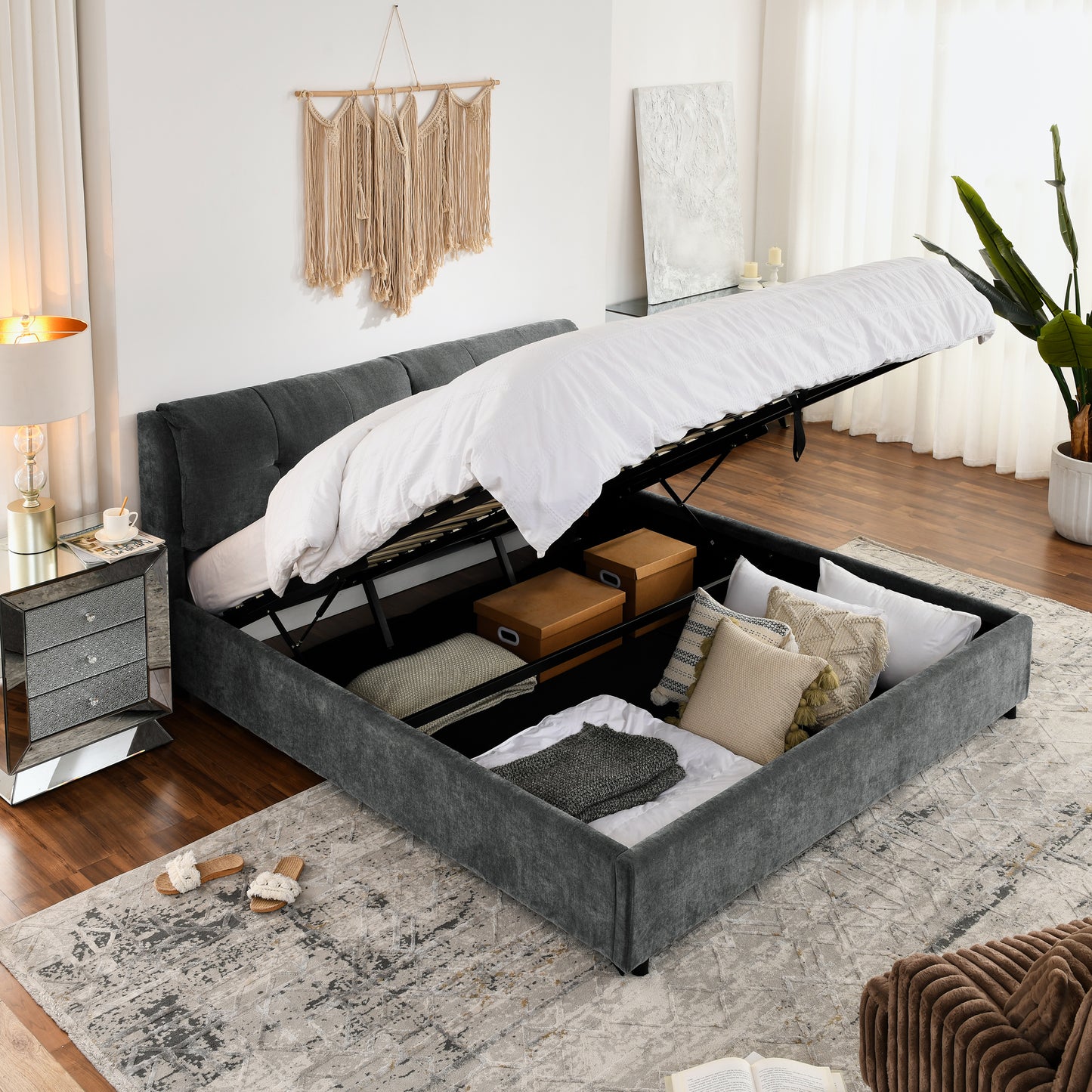 Melysen King Size Storage Upholstered Hydraulic Platform Bed with Integrated Headboard, Chenille Fabric