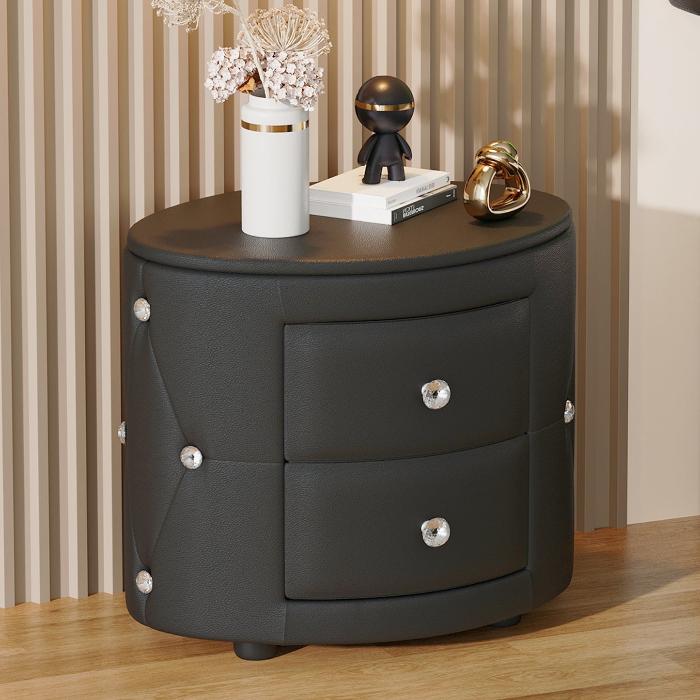 Melysen Elegant PU Nightstand with 2 Drawers and Crystal Handle,Fully Assembled Except Legs&Handles,Storage Bedside Table,Black