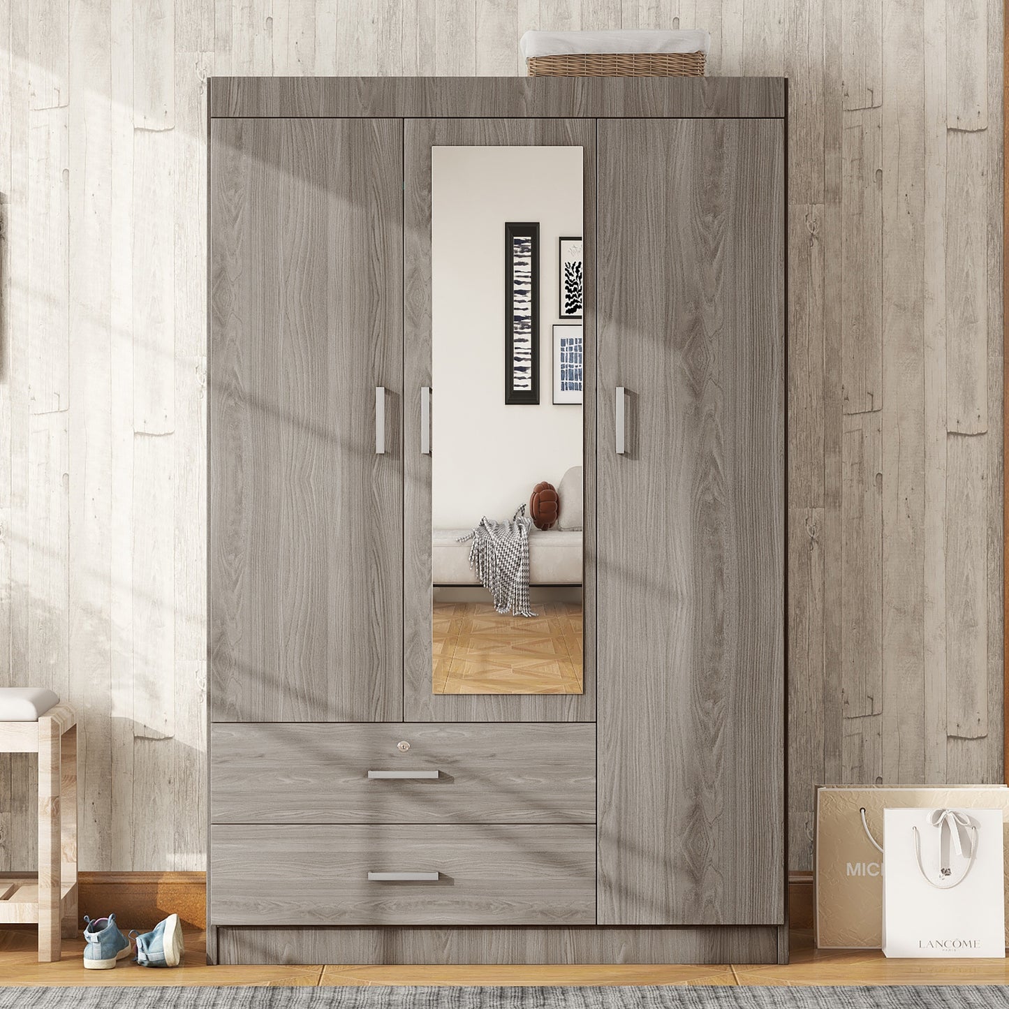 Melysen 3-Door Mirror Wardrobe with shelves, Gray