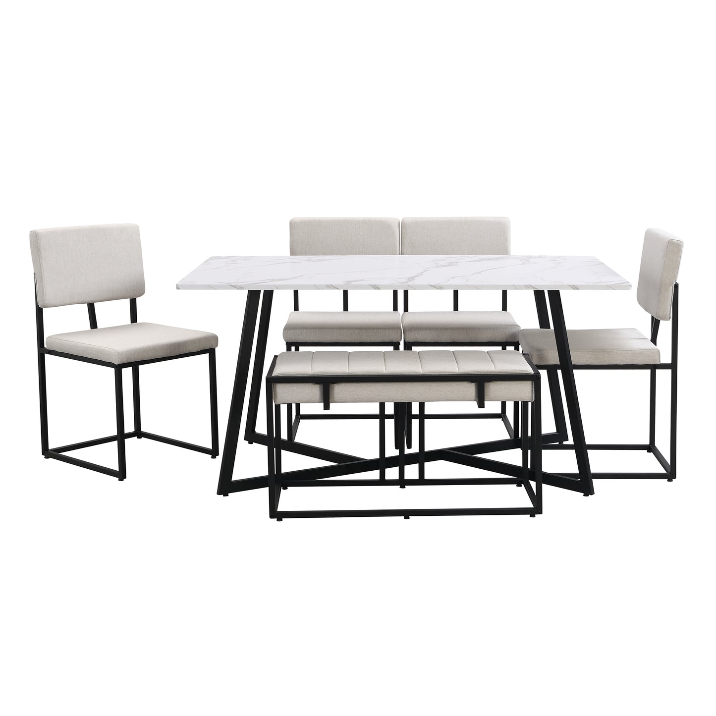 Melysen Modern Faux Marble 6-Piece Dining Table Set,60inch Metal Kitchen Table Set with Upholstered Dining Chairs and Bench