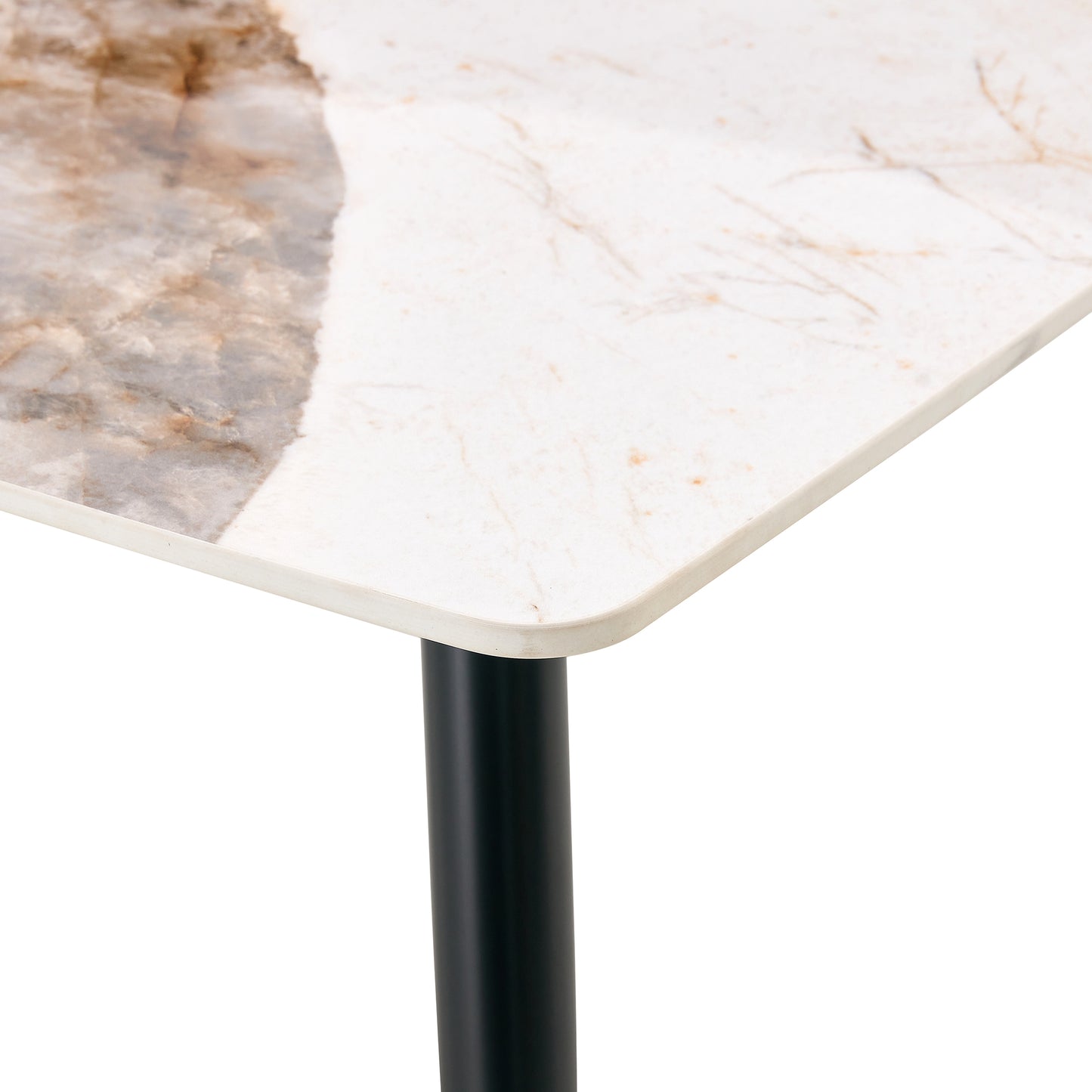 Melysen Modern Minimalist Dining Table. Imitation Marble Patterned Stone Burning Tabletop with Black Metal Legs.Modern Dining Chair with Pu Artificial Leather Backrest Cushion and Black Metal Legs.010