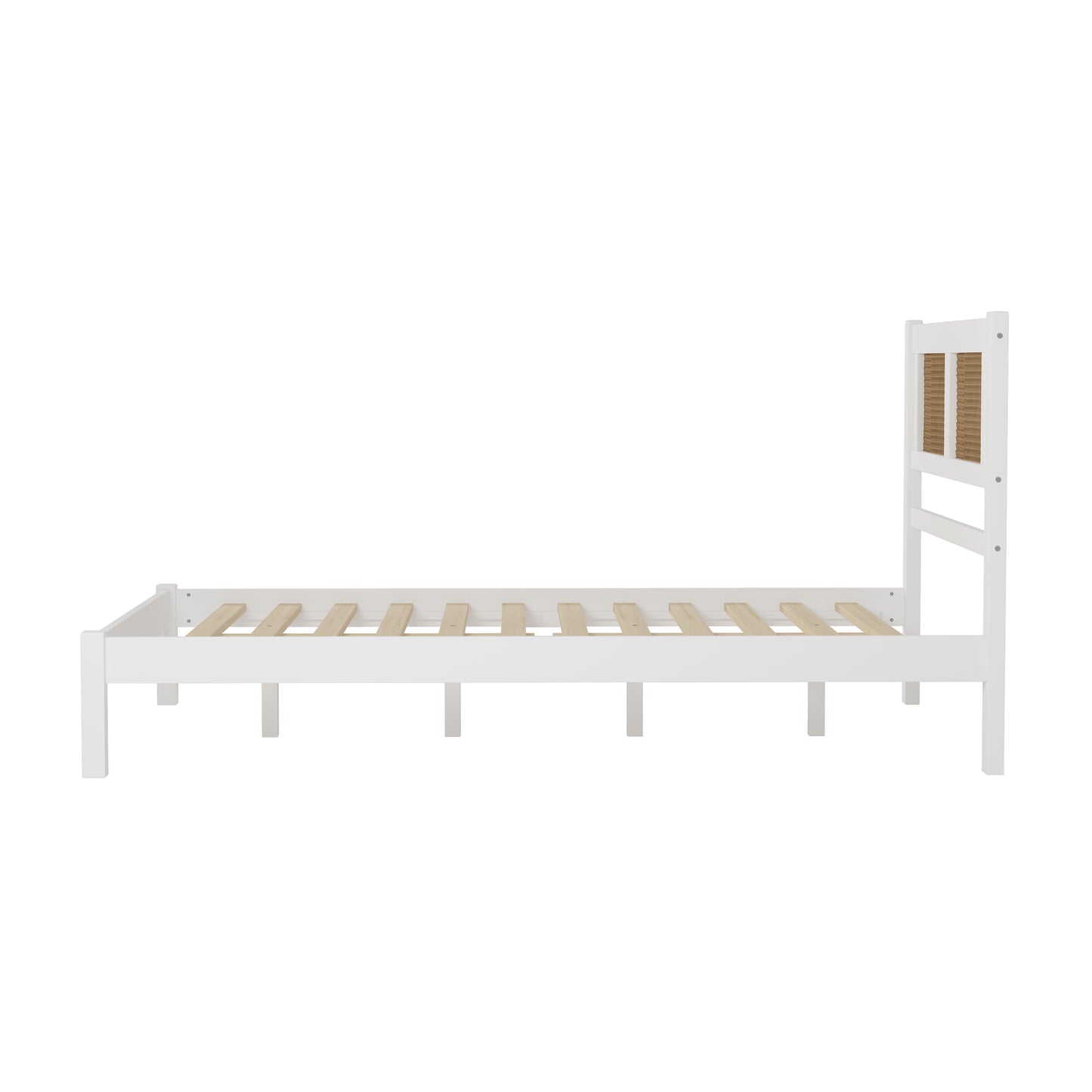 Melysen Full Size Wooden Platform Bed with Natural Rattan Headboard, Exquisite Elegance with Minimalist Charm for Bedroom