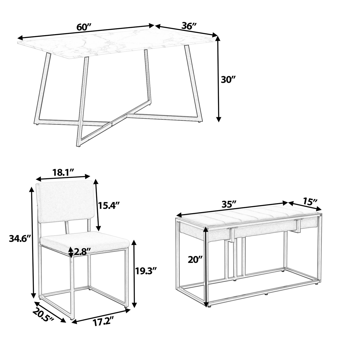 Melysen Modern Faux Marble 6-Piece Dining Table Set,60inch Metal Kitchen Table Set with Upholstered Dining Chairs and Bench