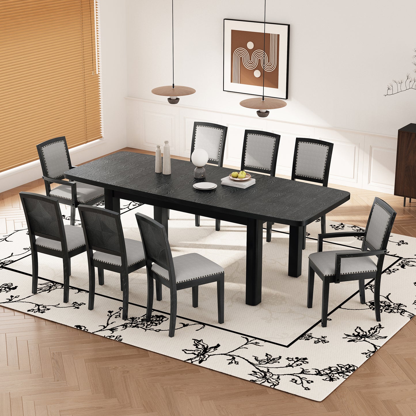 Melysen Rustic Extendable 84inch Dining Table Set with 24inch Removable Leaf , 6 Upholstered Armless Dining Chairs and 2 Padded Arm Chairs, 9 Pieces