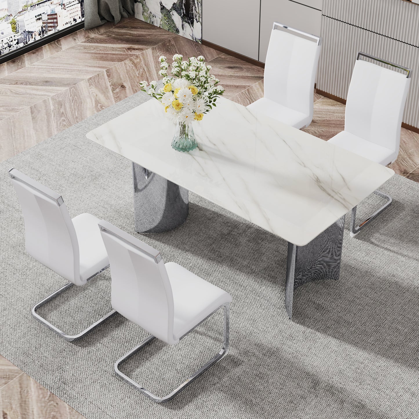 Melysen Modern Minimalist Dining Table. Imitation Marble Glass Sticker Desktop, Stainless Steel Legs, Stable and Beautiful. 4 White Pu Seats. 63"* 35.4" * 29.5"