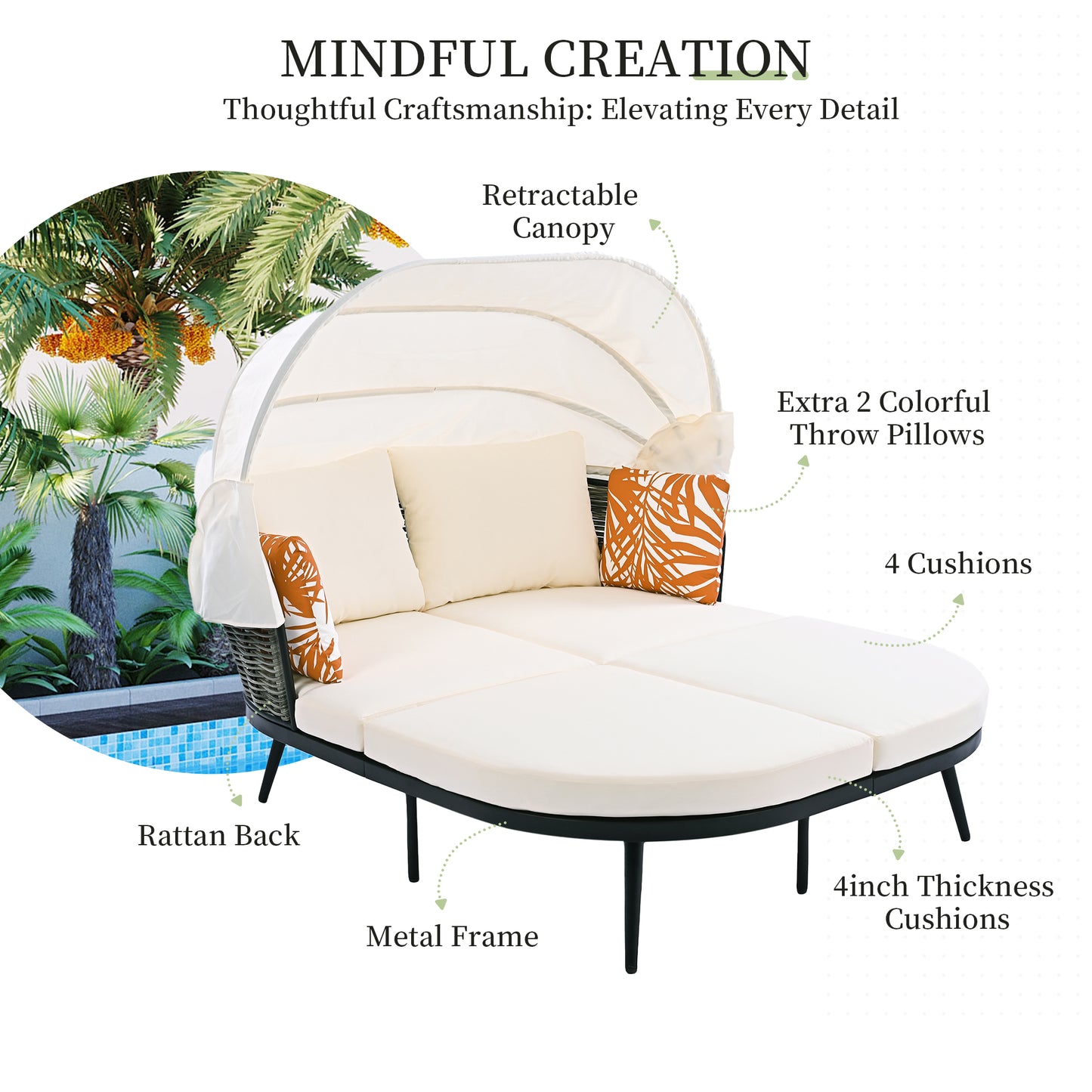 Melysen 74.8" L Patio Daybed with Retractable Canopy, Outdoor Rattan PE Wicker Back Loveseat Sofa Set with Throw Pillows and Cushions for Backyard, Poolside, Garden