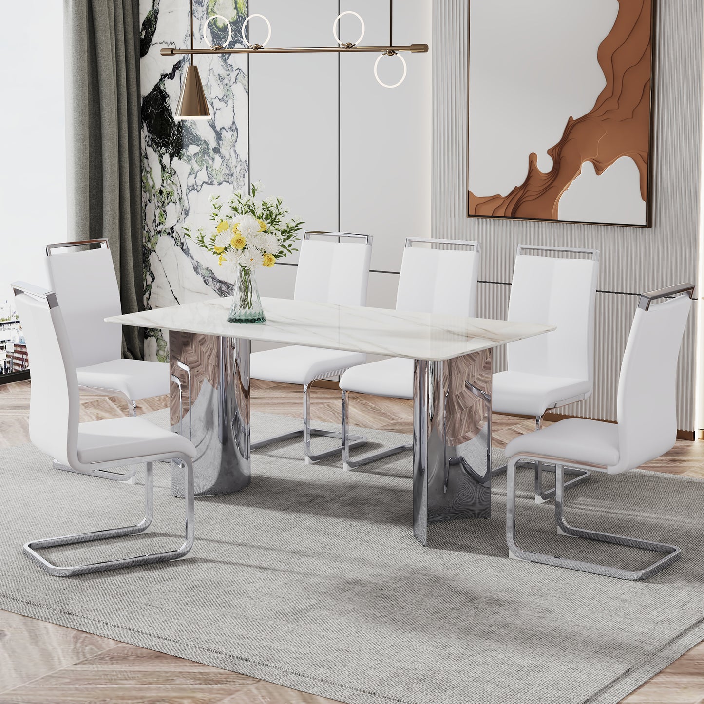 Melysen Modern Minimalist Dining Table. Imitation Marble Glass Sticker Desktop, Stainless Steel Legs, Stable and Beautiful. 6 Premium Pu Seats. 63" * 35.4" * 29.5"003