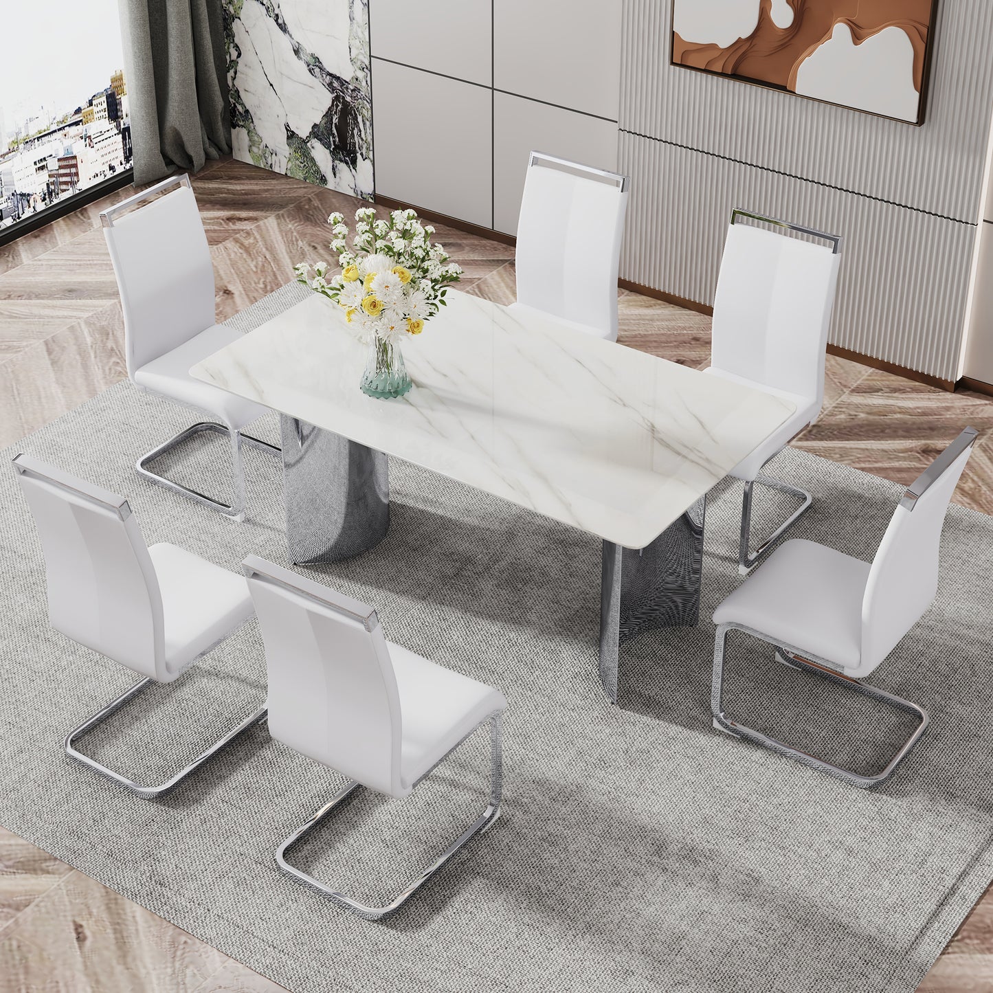 Melysen Modern Minimalist Dining Table. Imitation Marble Glass Sticker Desktop, Stainless Steel Legs, Stable and Beautiful. 6 Premium Pu Seats. 63" * 35.4" * 29.5"003