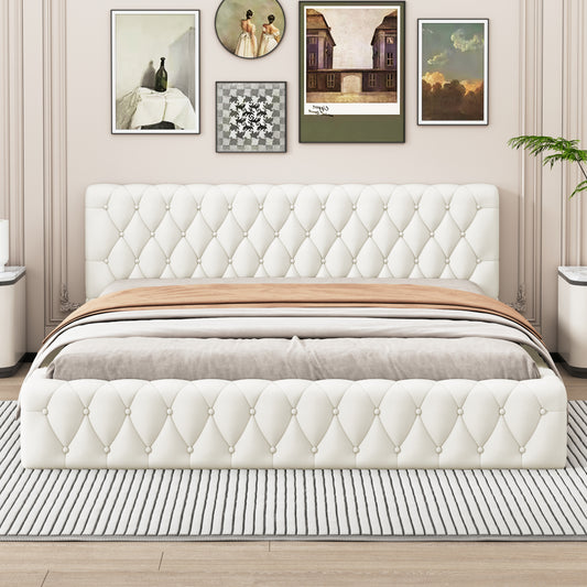 Melysen Queen Size Velvet Upholstered Platform Bed, with Luxurious Diamond Grid Headboard,Beige