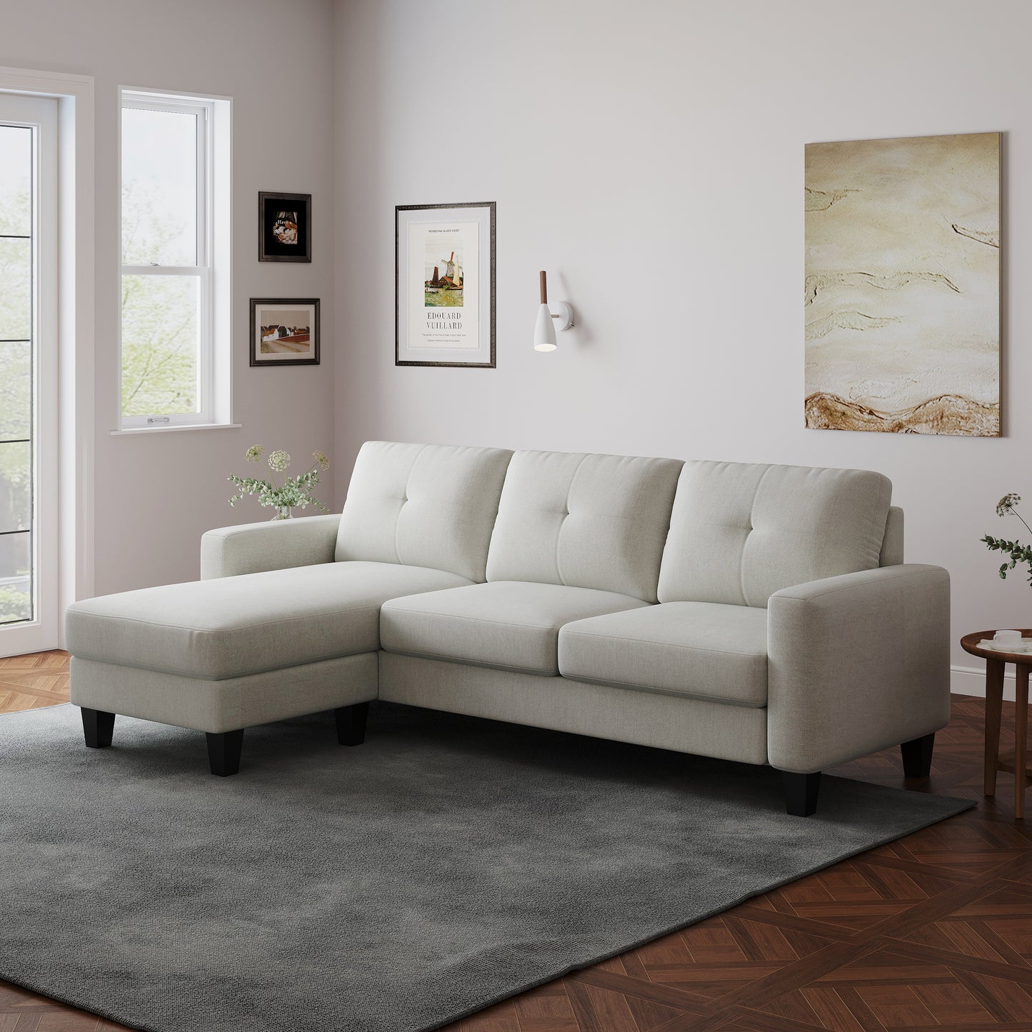 Melysen Living Room Furniture with Polyester Fabric L Shape Couch Corner Sofa for Small Space Beige