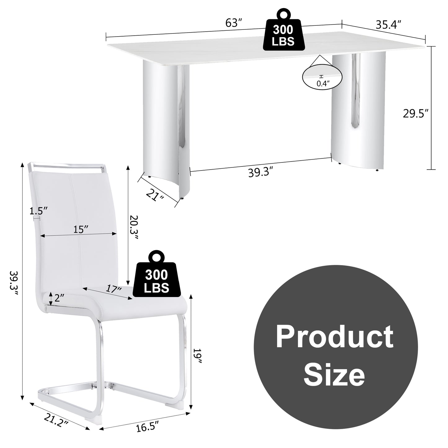 Melysen Modern Minimalist Dining Table. Imitation Marble Glass Sticker Desktop, Stainless Steel Legs, Stable and Beautiful. 4 White Pu Seats. 63"* 35.4" * 29.5"