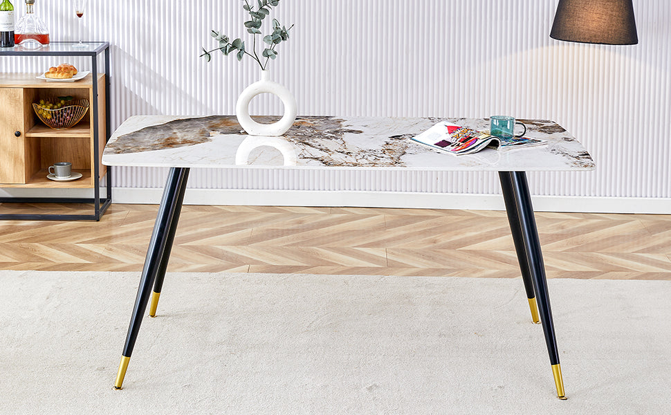 Melysen Modern Minimalist Dining Table. Imitation Marble Patterned Stone Burning Tabletop with Black Metal Legs