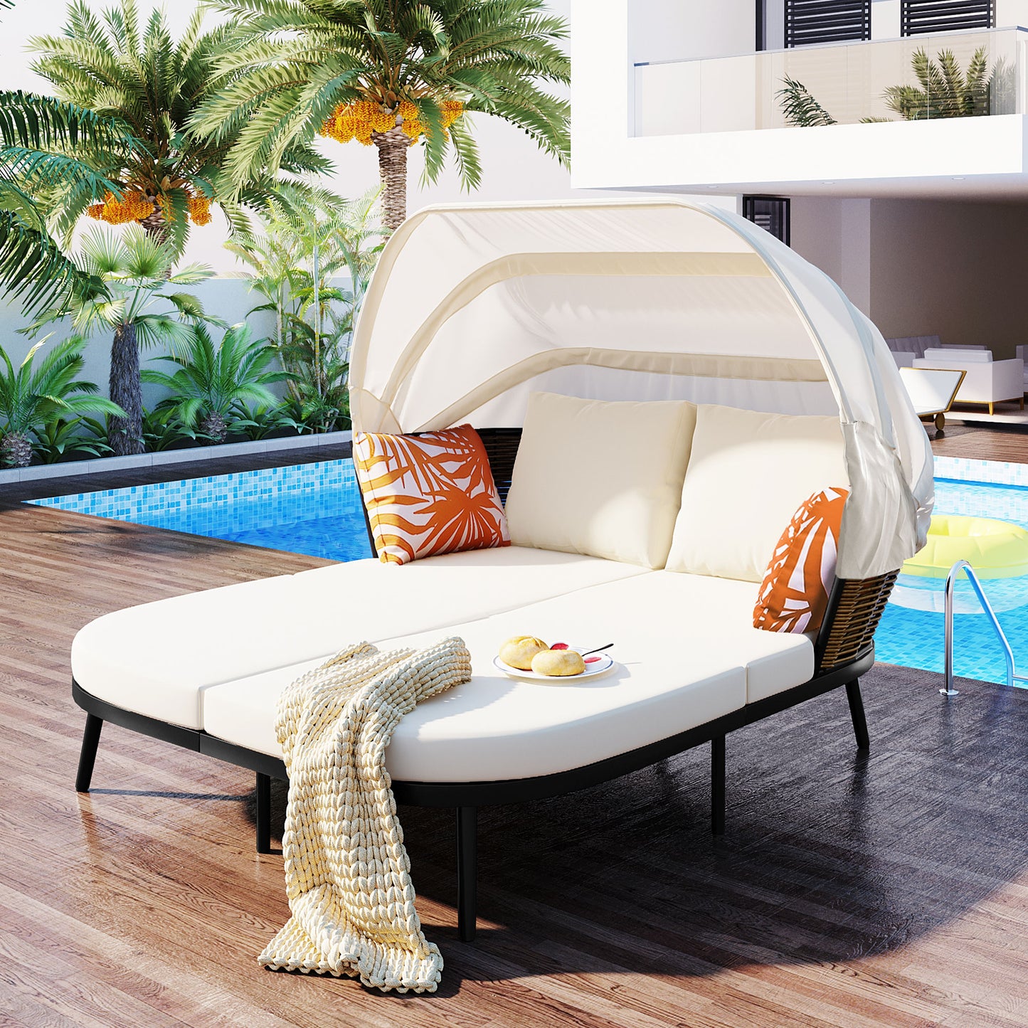 Melysen 74.8" L Patio Daybed with Retractable Canopy, Outdoor Rattan PE Wicker Back Loveseat Sofa Set with Throw Pillows and Cushions for Backyard, Poolside, Garden