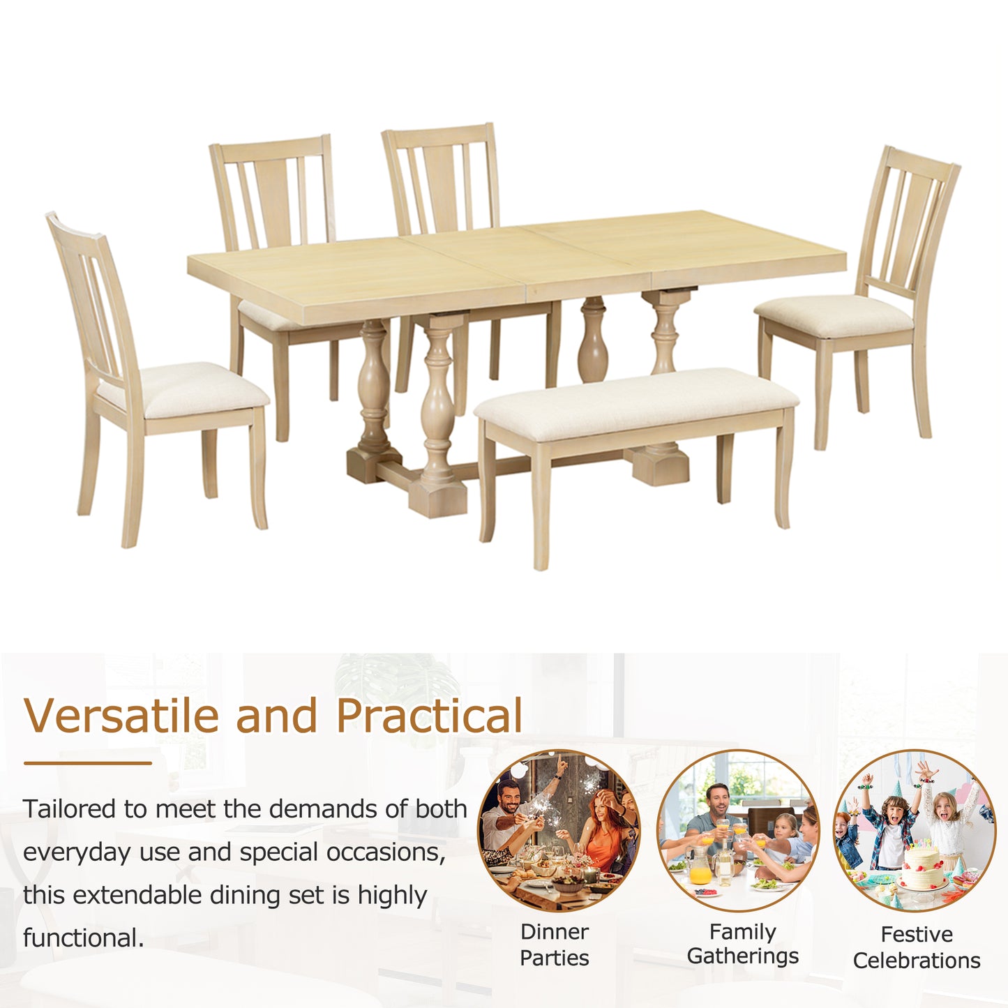 Melysen Traditional 6-Piece 78inch Trestle Extendable Dining Table Set with One 18inch Removable Leaf, Padded Dining Chairs and Bench