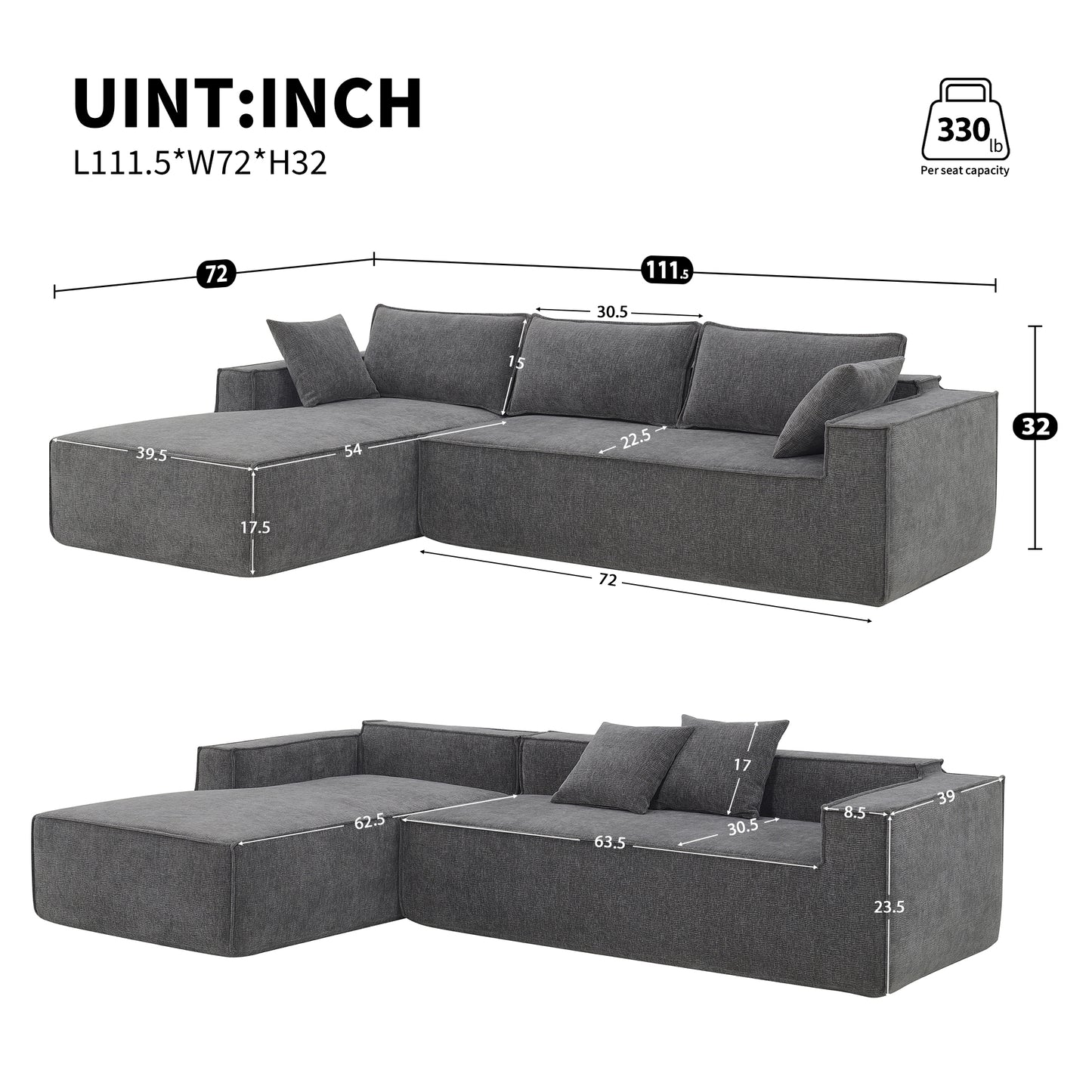 Melysen  111.5*72" Minimalist Style Modular Sectional Sofa,Wrinkle-resistant Chenille Couch Set,L-Shaped Compressed Sofa for Living Room,2 PIC Free Combination,No Assembly Require,3 Colors