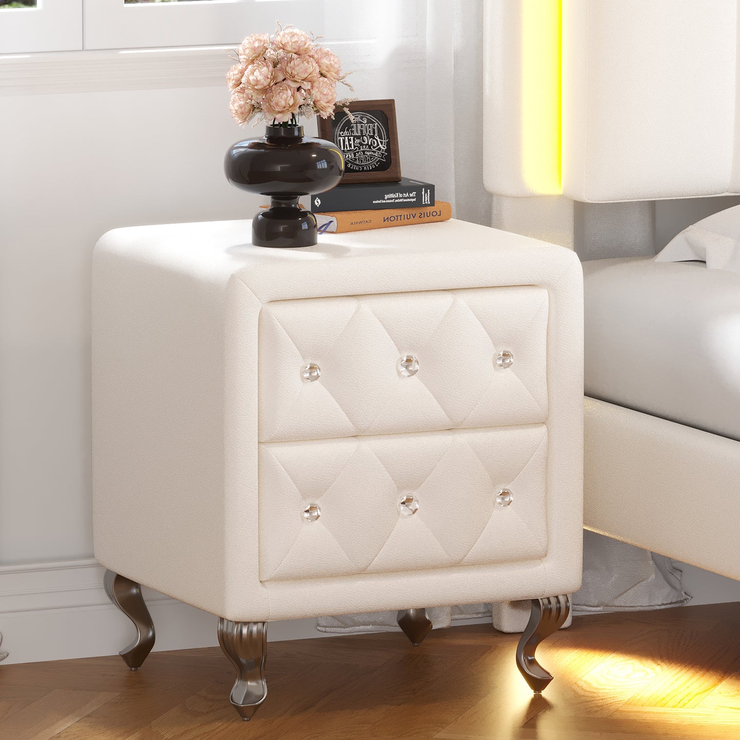 Melysen Elegant PU Nightstand with 2 Drawers and Crystal Handle,Fully Assembled Except Legs&Handles,Storage Bedside Table with Metal Legs,White