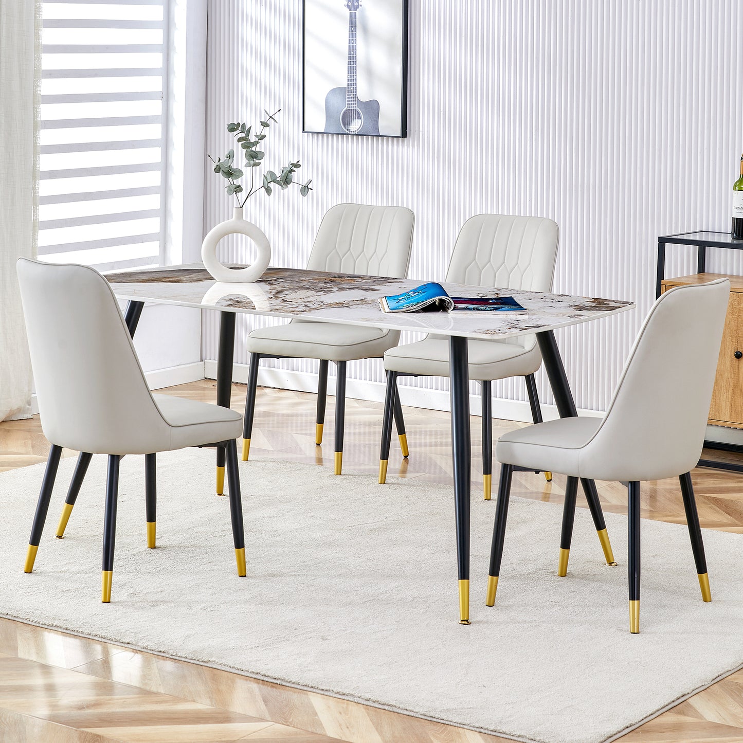 Melysen Modern Minimalist Dining Table. Imitation Marble Patterned Stone Burning Tabletop with Black Metal Legs.Modern Dining Chair with Pu Artificial Leather Backrest Cushion and Black Metal Legs.007