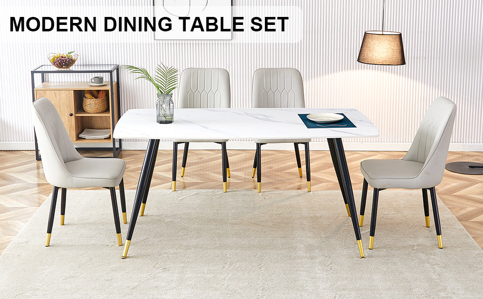 Melysen Modern Minimalist Dining Table. White Imitation Marble Pattern Sintered Stone Desktop with Black Metal Legs.Modern Dining Chair with Pu Artificial Leather Backrest Cushion and Black Metal Legs.004