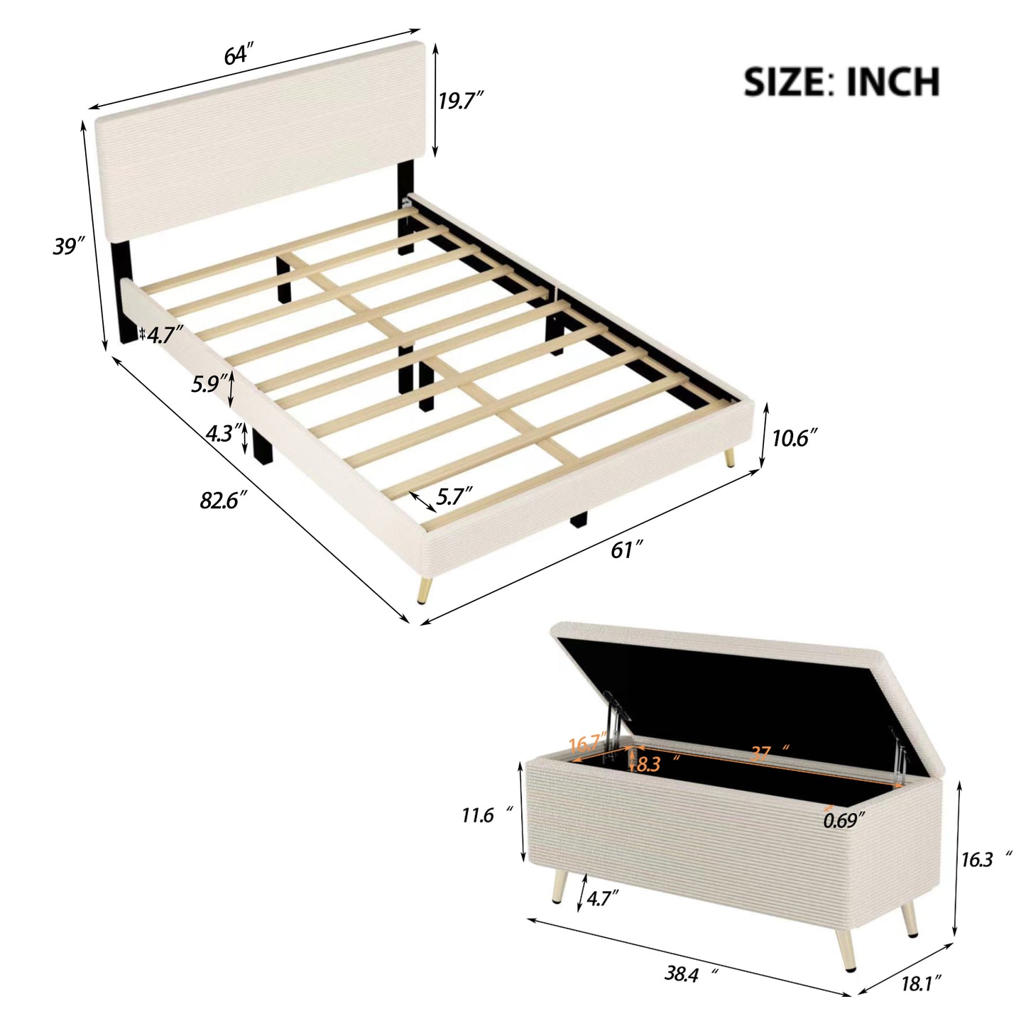 Melysen 2 Pieces Bedroom Sets Queen Size Upholstered Bed Frame, Modern Corduroy  Storage Ottoman