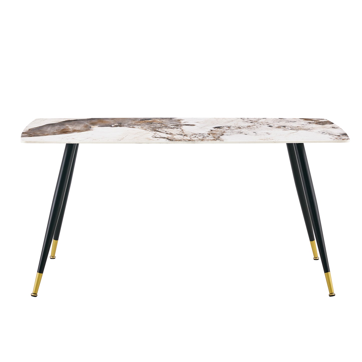 Melysen Modern Minimalist Dining Table. Imitation Marble Patterned Stone Burning Tabletop with Black Metal Legs.Modern Dining Chair with Pu Artificial Leather Backrest Cushion and Black Metal Legs.007