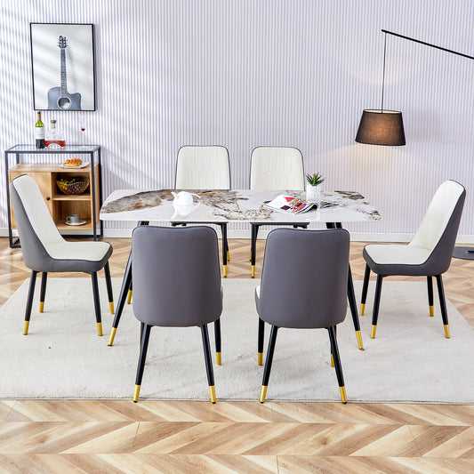 Melysen Modern Minimalist Dining Table. Imitation Marble Patterned Stone Burning Tabletop with Black Metal Legs.Modern Dining Chair with Pu Artificial Leather Backrest Cushion and Black Metal Legs.010