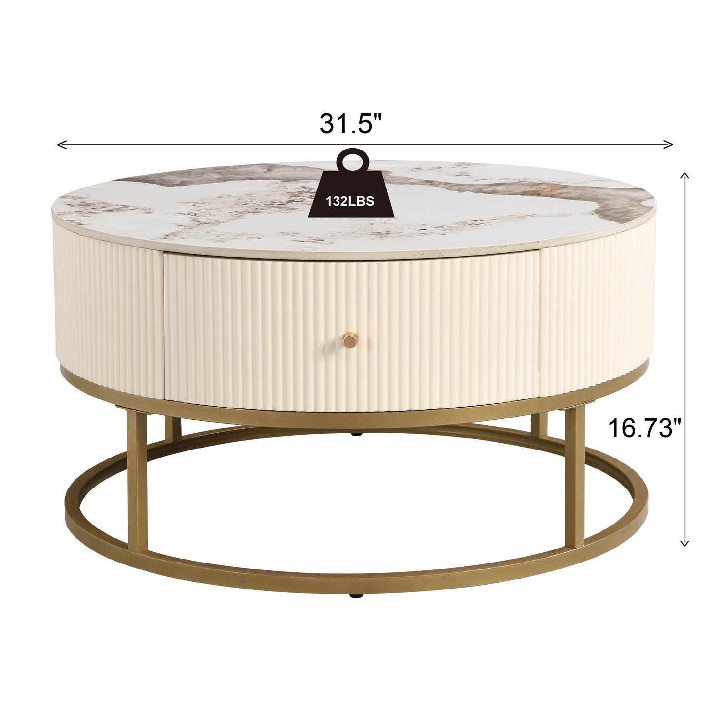 Melysen 31.5 Inch Modern Round Coffee Table with Drawers, Marble Table with Storage, Coffee Table for Living Room