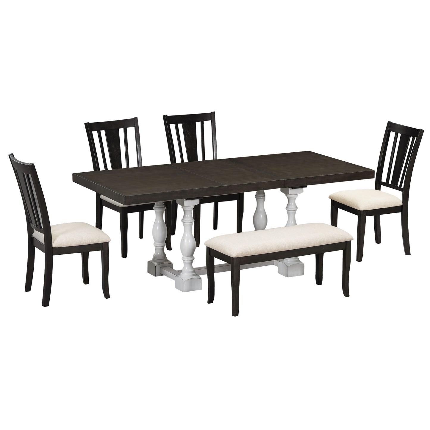 Melysen Traditional 6-Piece 78inch Trestle Extendable Dining Table Set with One 18inch Removable Leaf, Padded Dining Chairs and Bench