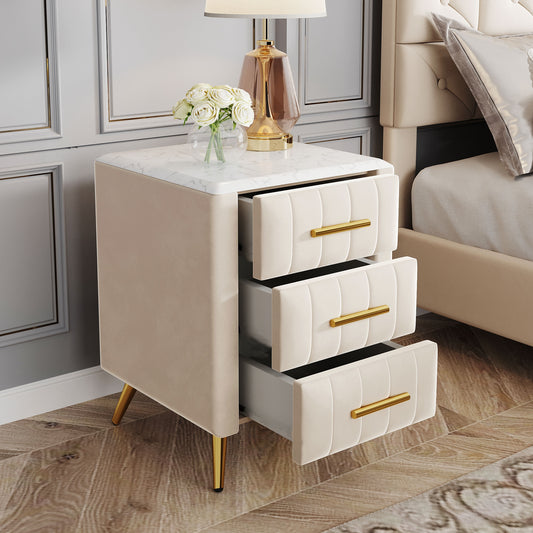 Melysen Upholstered Wooden Nightstand with 3 Drawers and Metal Legs&Handles,Fully Assembled Except Legs&Handles,Bedside Table with Marbling Worktop