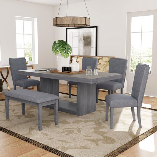 Melysen Contemporary 6-Piece 78inch Extendable Pedestal Dining Table Set with 18inch Removable Leaf and Dining Bench, 4 Upholstered Dining Chairs,Gray