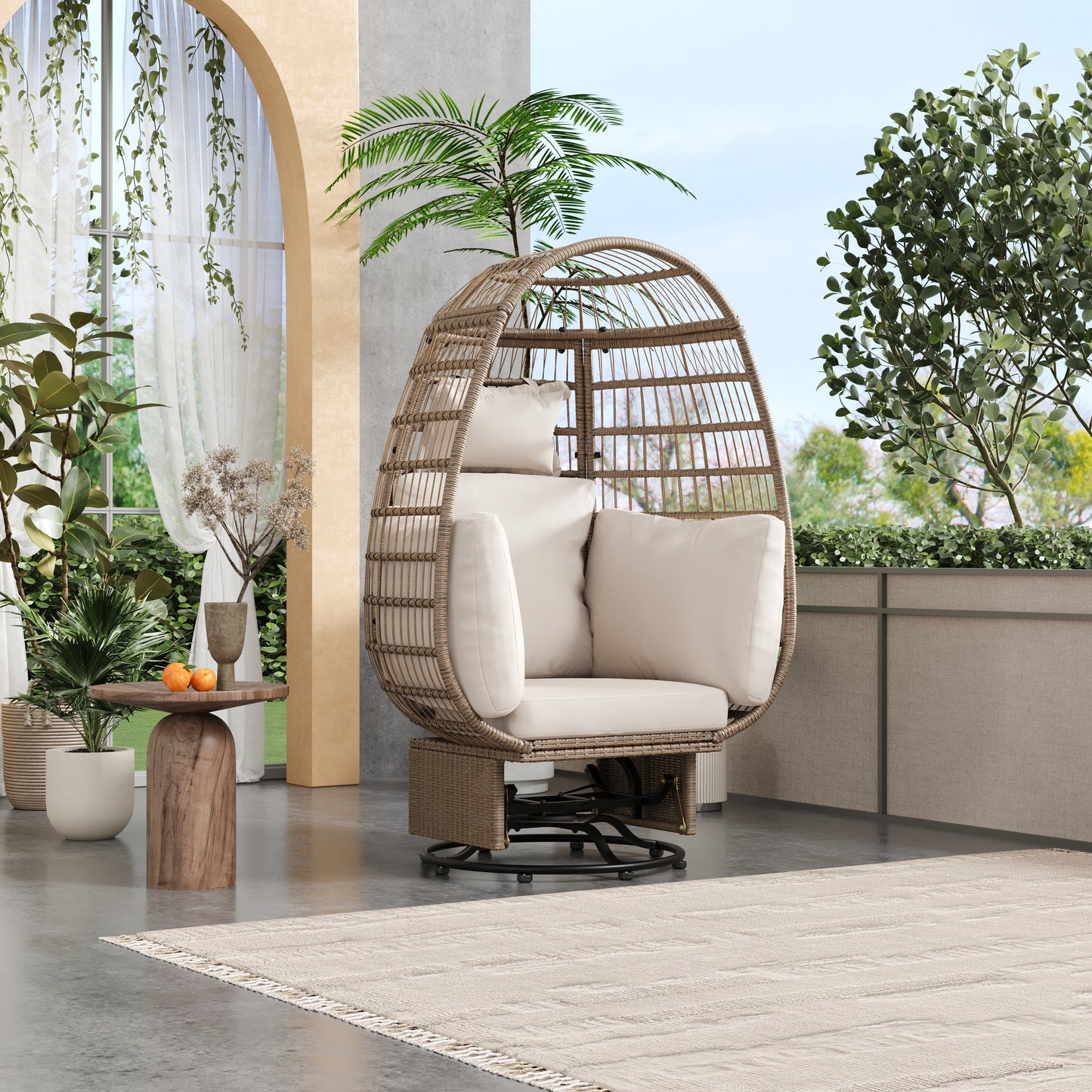 Melysen Outdoor Swivel Chair with Cushions, Rattan Egg Patio Chair with Rocking Function for Balcony, Poolside and Garden (Natural Wicker + Beige Cushion)