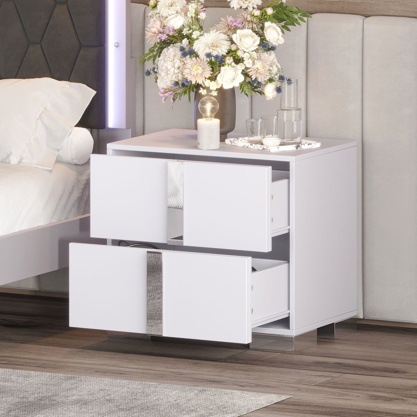 Melysen Elegant Nightstand with Metal Handle,Mirrored Bedside Table with 2 Drawers for Bedroom,Living Room