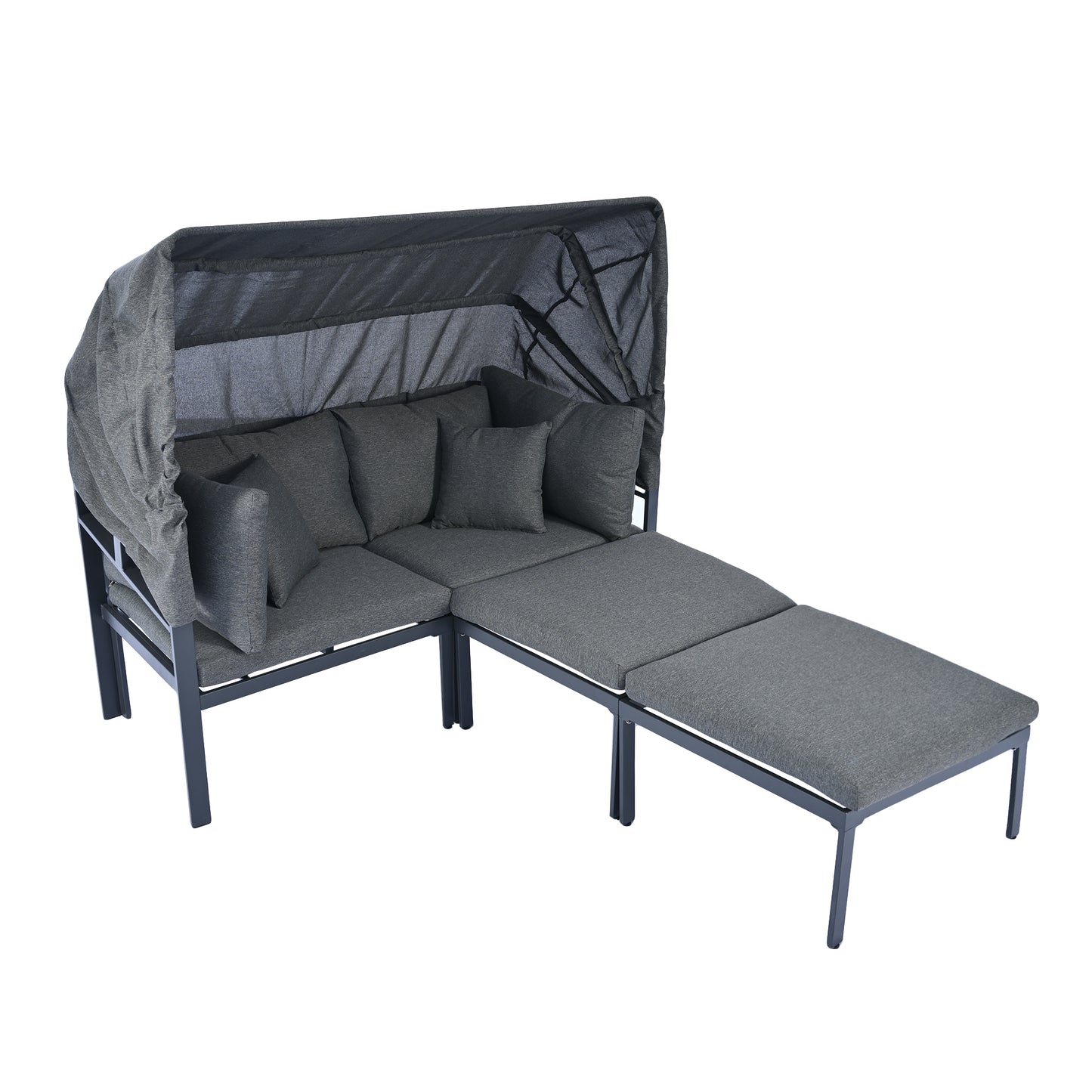 Melysen 3-Piece Patio Daybed with Retractable Canopy Outdoor Metal Sectional Sofa Set Sun Lounger with Cushions for Backyard, Porch, Poolside