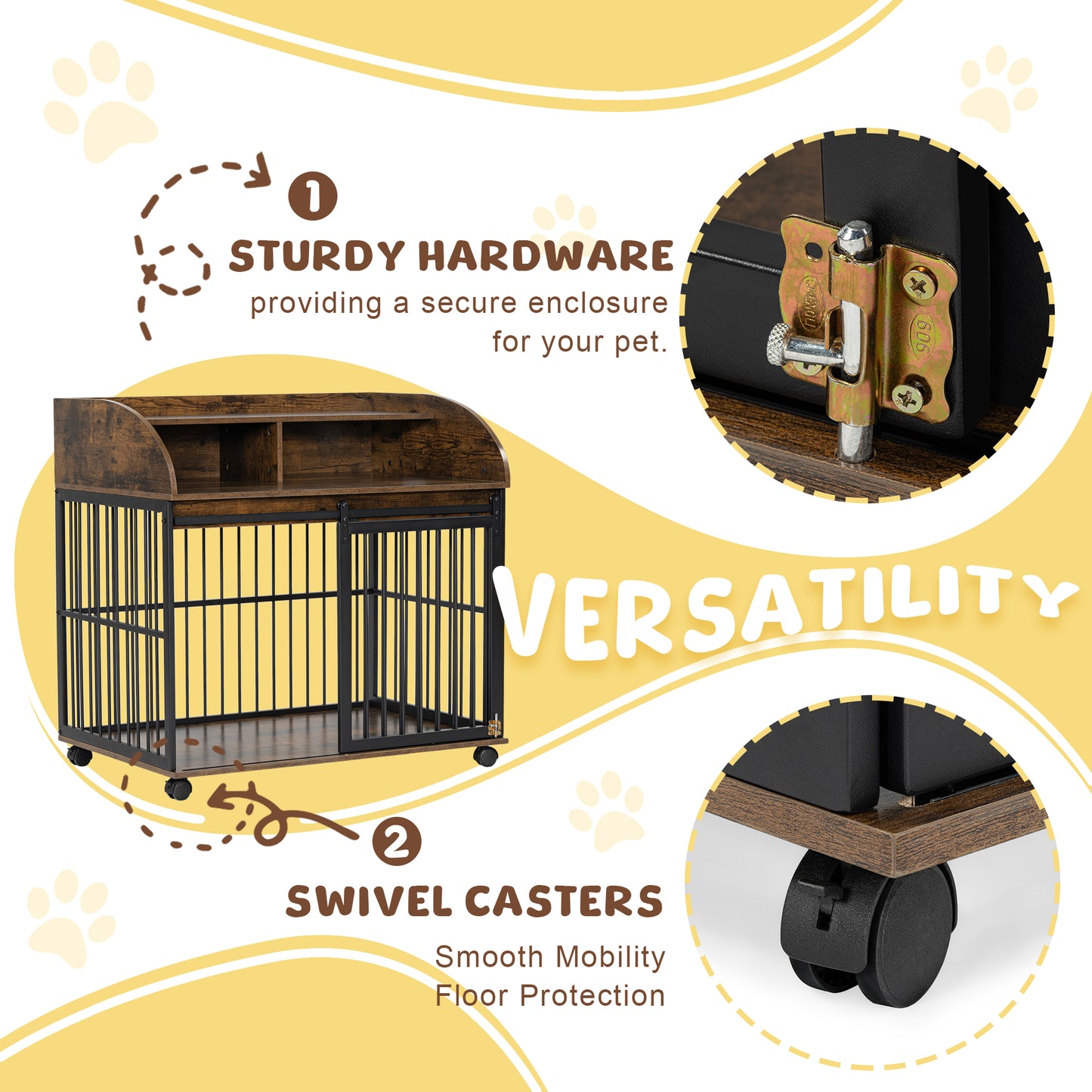 Melysen 38'' Heavy Duty Dog Crate Furniture for Medium Dog with Lockable Wheels, Wooden Dog Crate Dog Kennel, End Table Crate with Double layer storage, Brown