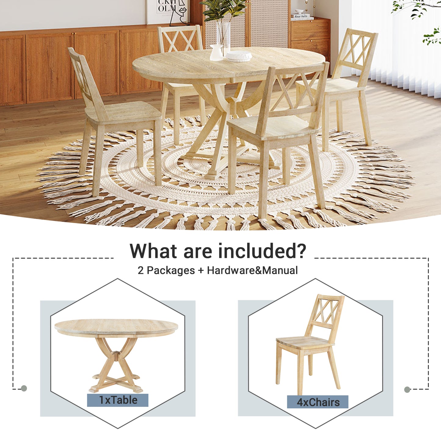 Melysen Medieval 5-Piece Set With Extendable Round Dining Table and 4 Cross-Backed Dining Chairs