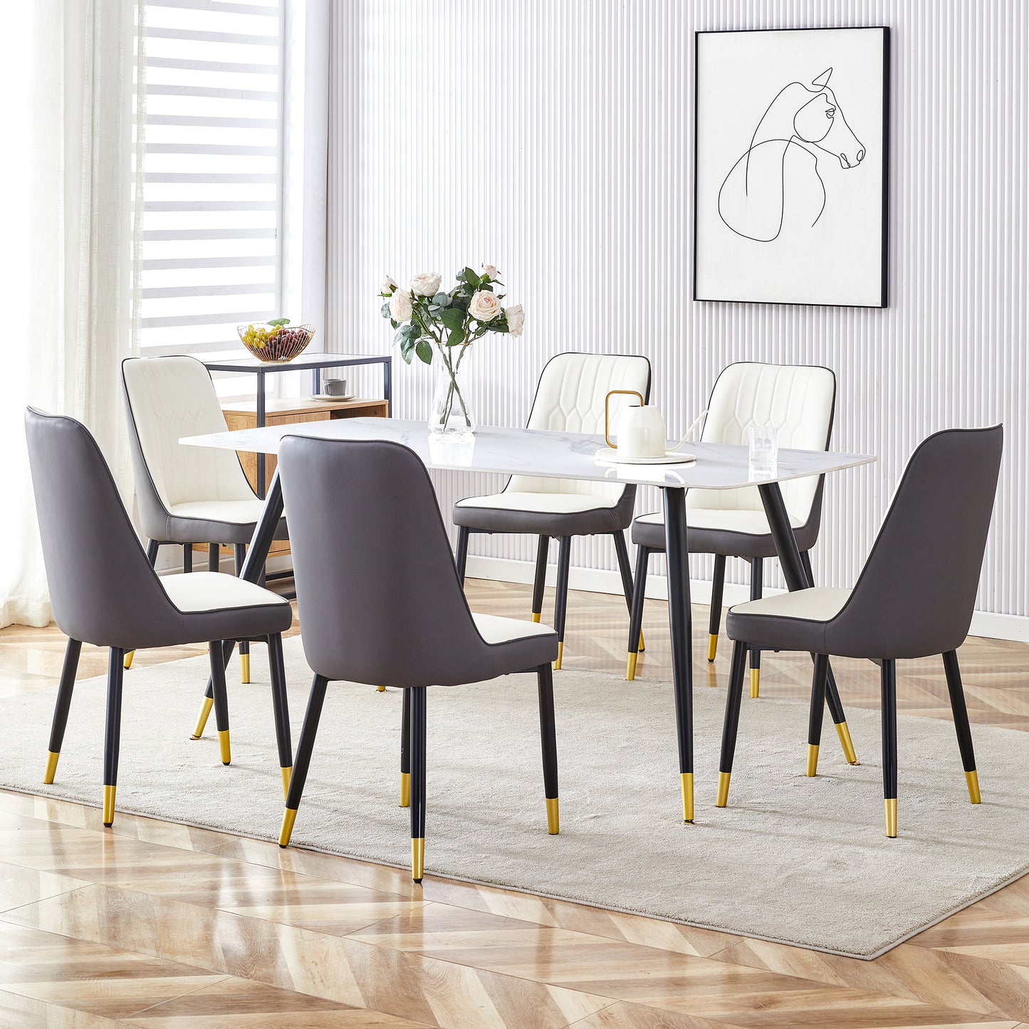 Melysen Modern Minimalist Dining Table. White Imitation Marble Pattern Sintered Stone Desktop with Black Metal Legs.Modern Dining Chair with Pu Artificial Leather Backrest Cushion and Black Metal Legs.003