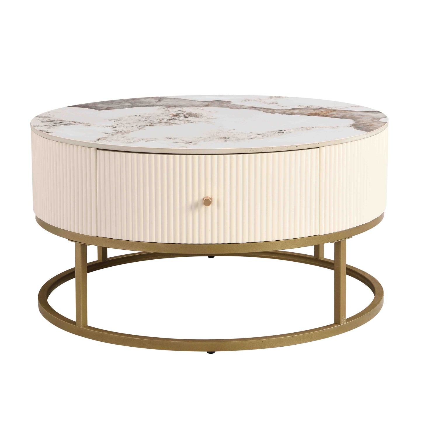 Melysen 31.5 Inch Modern Round Coffee Table with Drawers, Marble Table with Storage, Coffee Table for Living Room