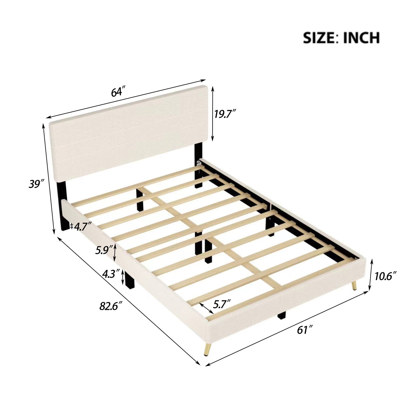 Melysen Queen Size Corduroy Upholstered Bed Frame, Platform Bed with Horizontal Stripe Headboard