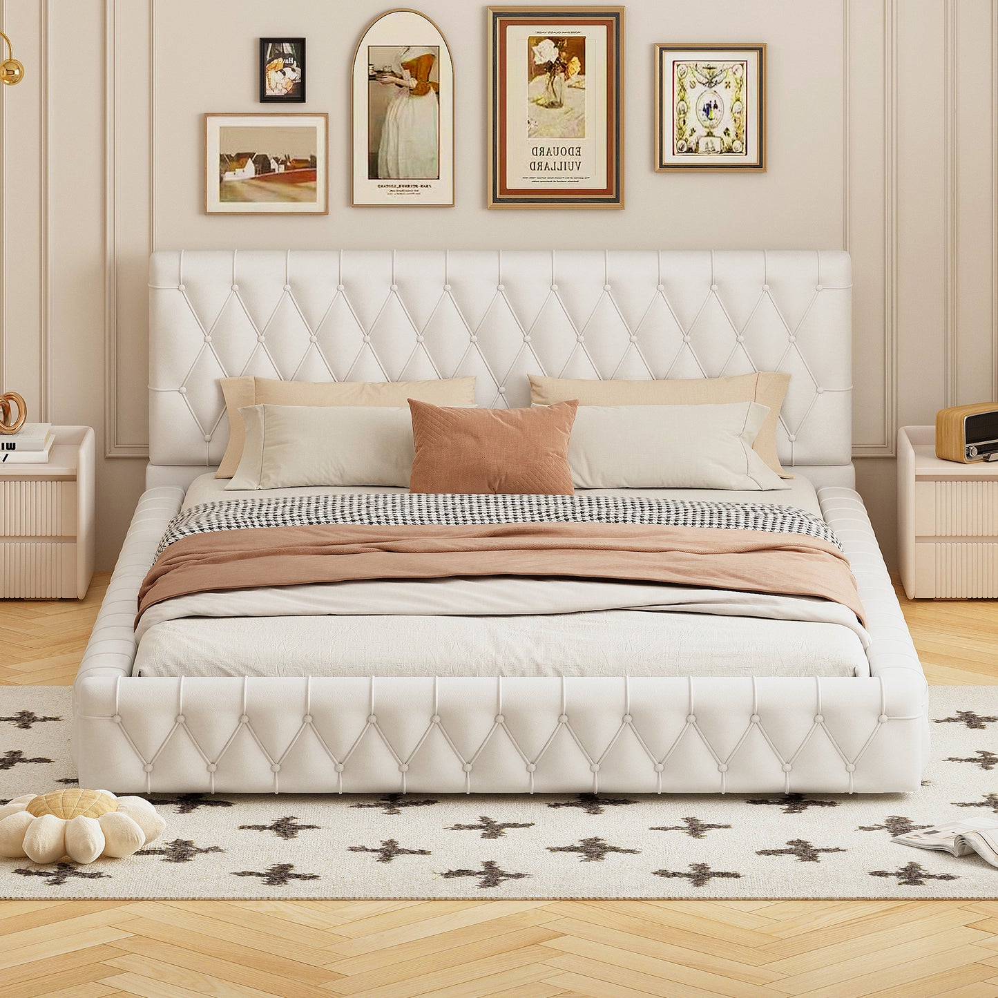 Melysen Queen Size Upholstered Bed with Tufted Headboard, Modern Velvet Platform Bed , No Box Spring Required